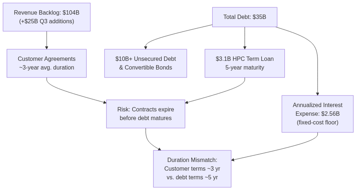 CoreWeave duration mismatch: customer contract terms vs. debt maturities and fixed interest burden
