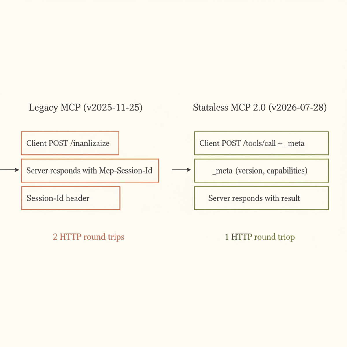 MCP 2.0 eliminates the initialize handshake, collapsing tool-call flow from two HTTP round trips to one.