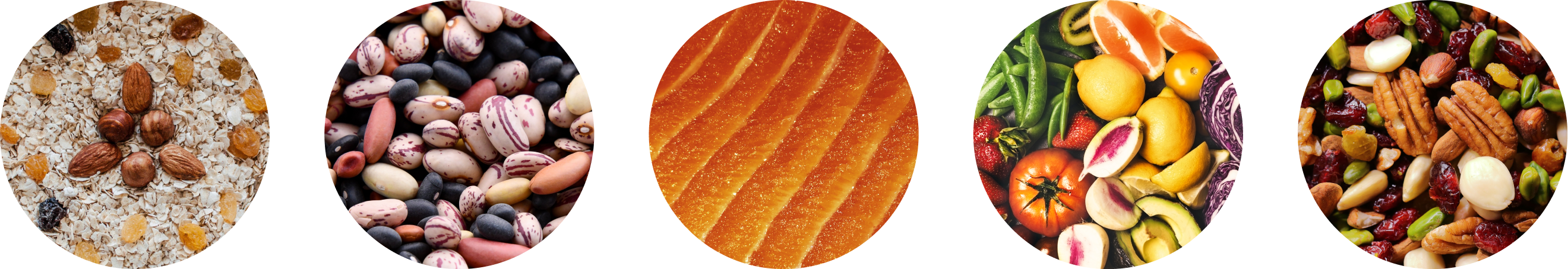 Circles with a photo of whole grains, legumes, fish, veggies and fruit, and nuts.