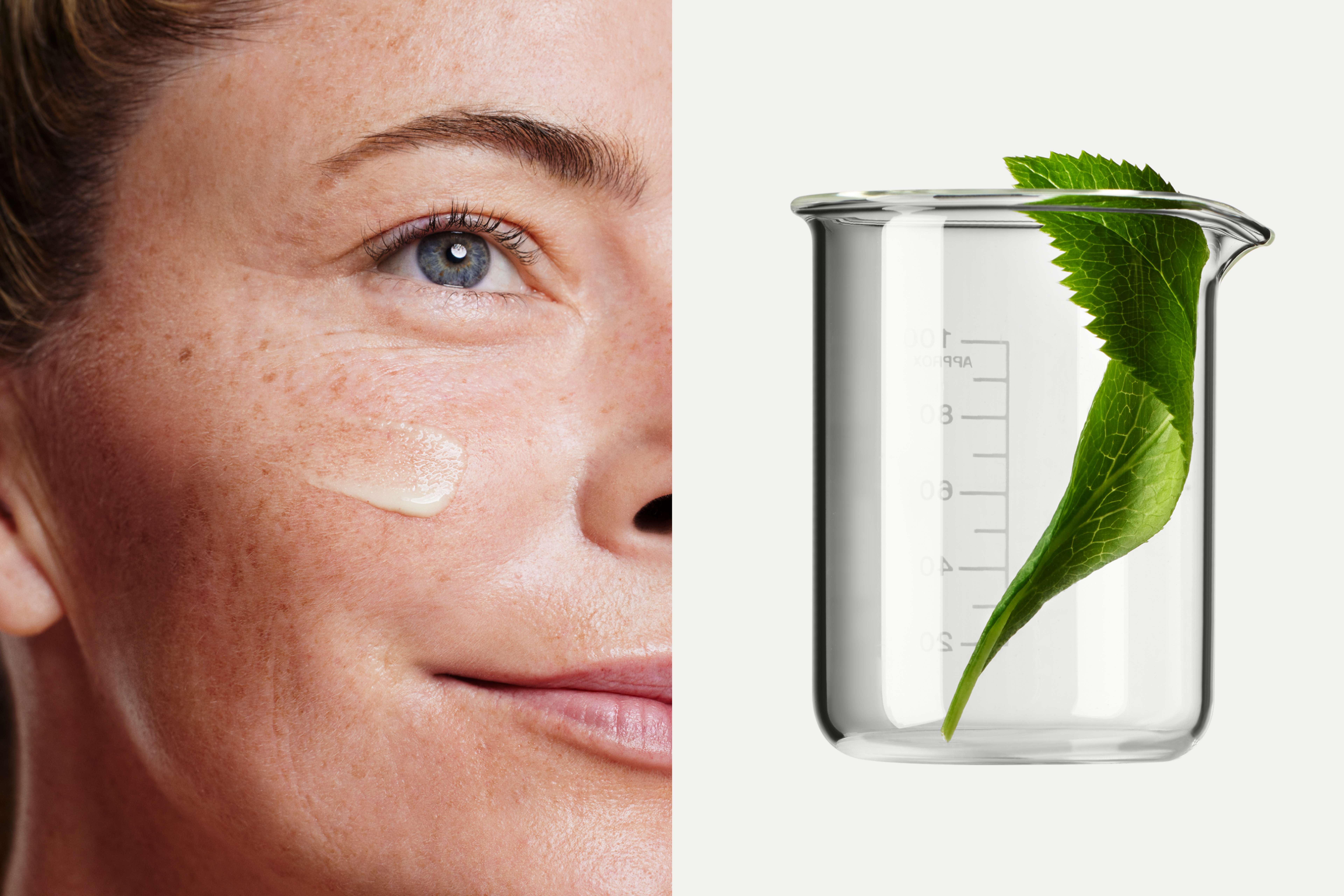 Women with Timeline Skin Health cream on her face next to a picture of a natural ingredient