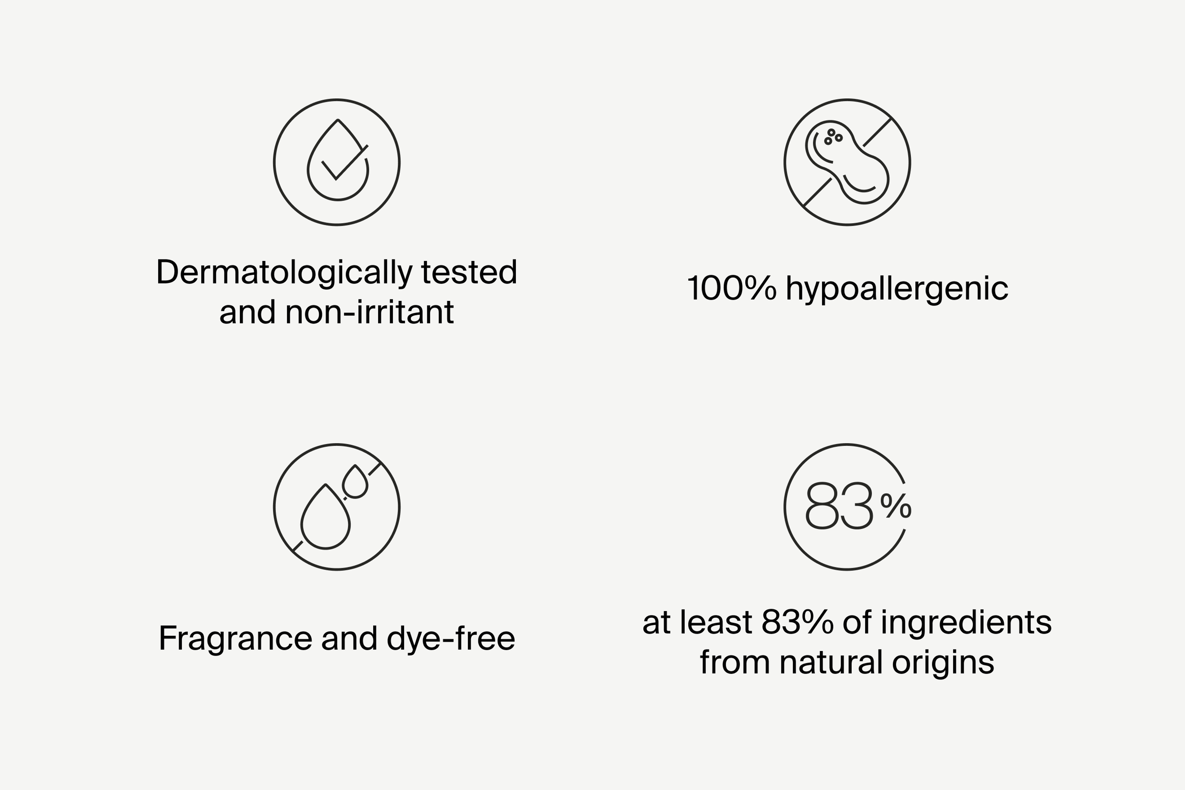 Dermatologically tested and non-irritant. 100% hypoallergenic. Fragrance and dye-free, and at least 83% of ingredients from natural origins
