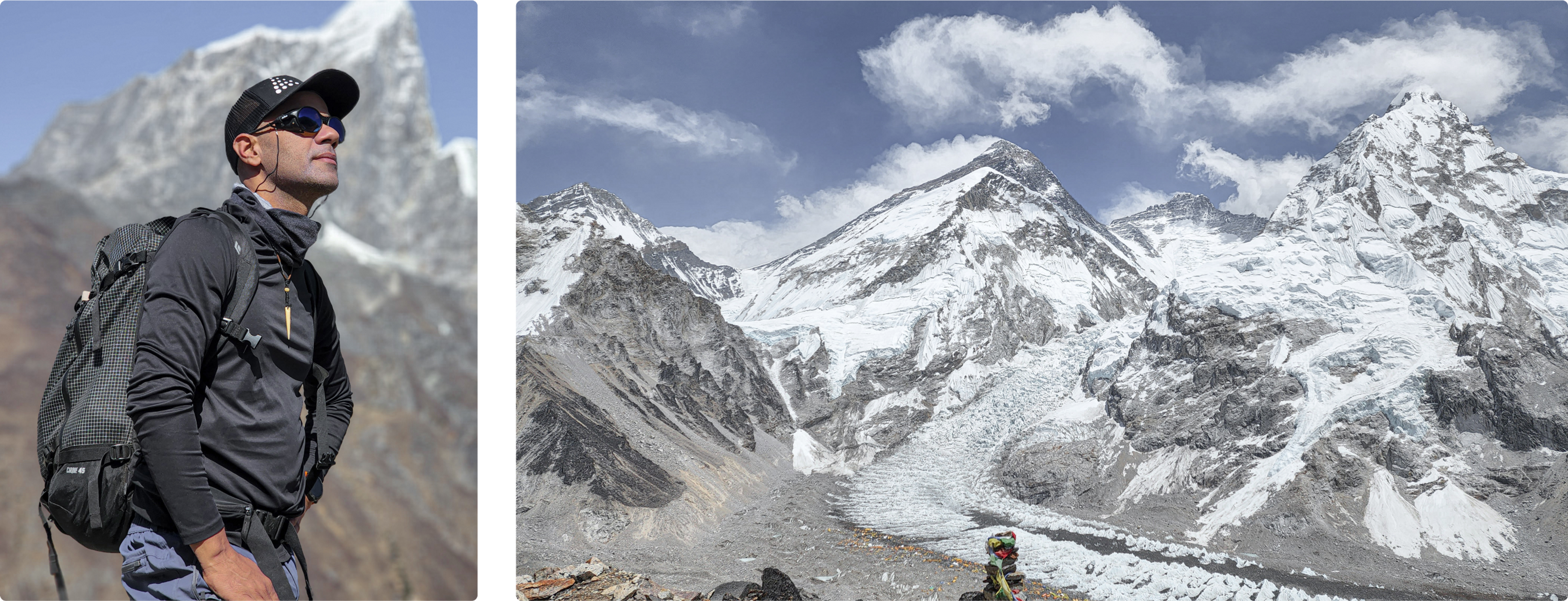 Portrait of Jatin Chaudhary alongside an image of Mount Everest and a glacier that leads to it