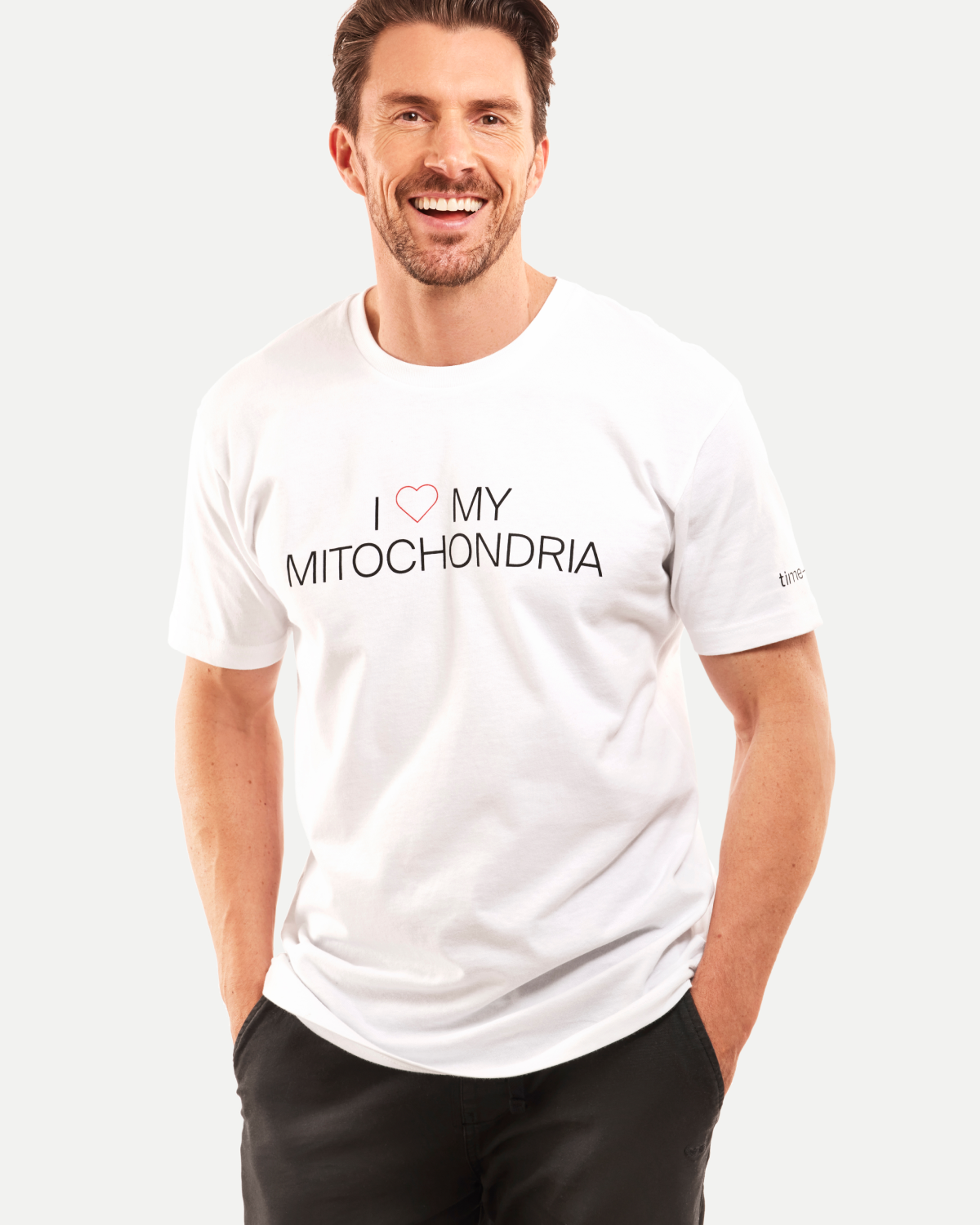 Man wearing Timeline t-shirt front
