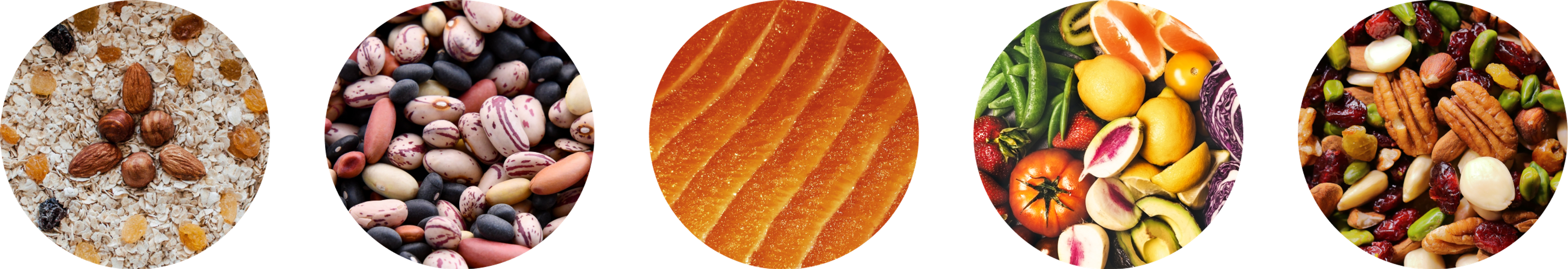 Circles with a photo of whole grains, legumes, fish, veggies and fruit, and nuts.