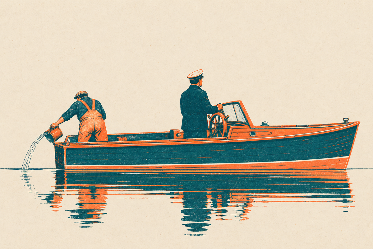 A man quietly bails water from a small boat while the captain at the wheel never notices; the water stays perfectly calm.