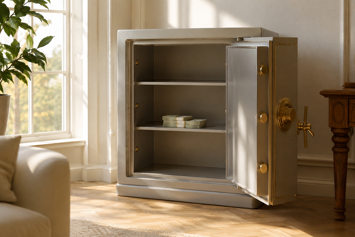 An elegant open safe in a bright, sunlit room — spotless and orderly, yet nearly empty.