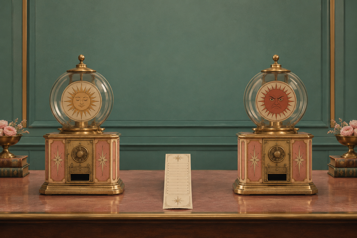 Two identical brass fortune-telling machines mirrored on a teal wall — a serene golden sun on the left, an angry red sun on the right — a blank printed slip standing between them.