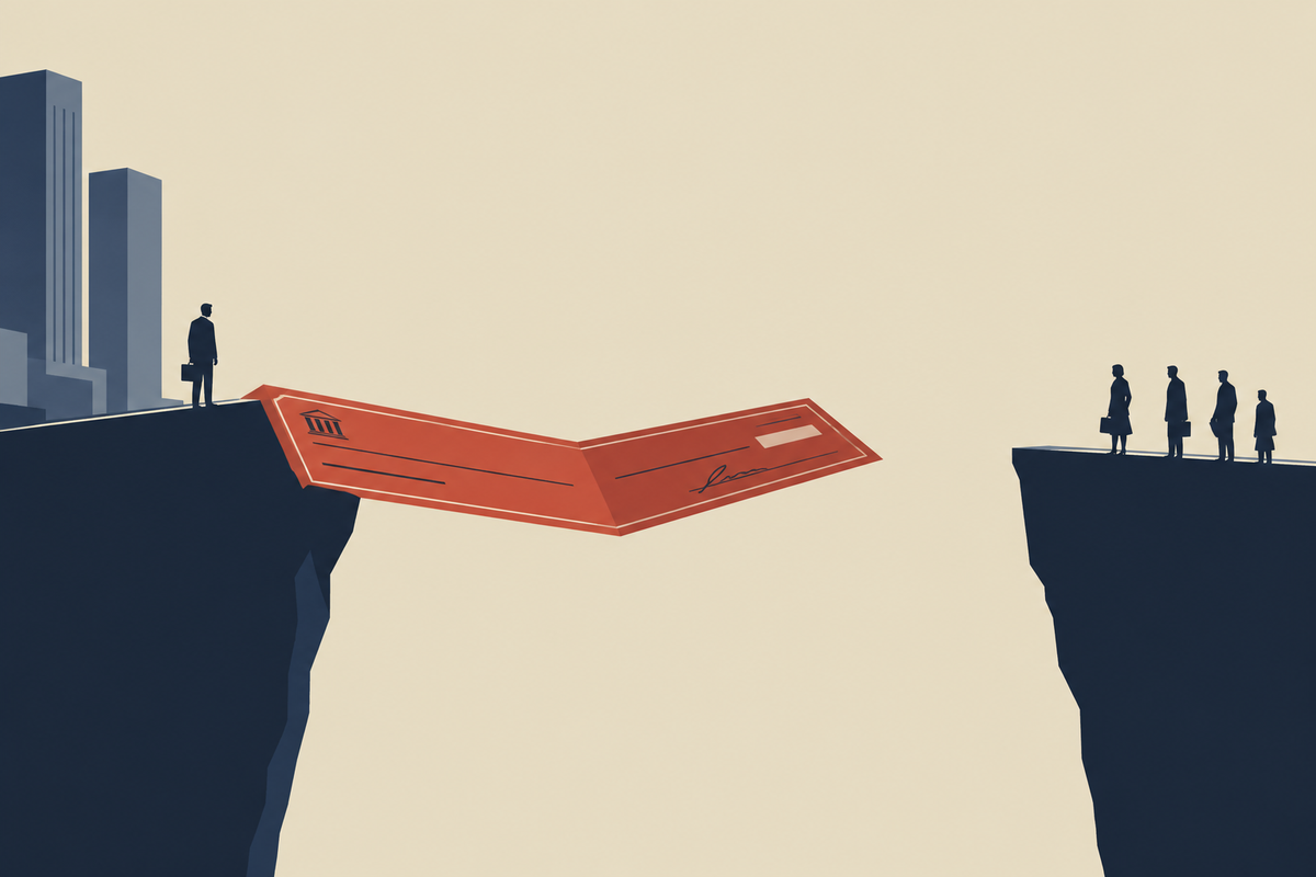 A giant bank cheque forms a bridge across a chasm but stops short of the far ledge, where displaced office workers wait