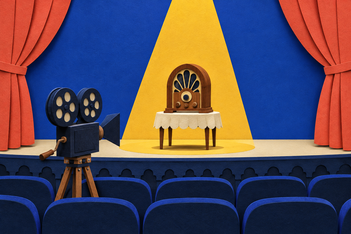 A vintage film camera on a tripod aimed at a small wooden radio under a spotlight on a theatre stage.