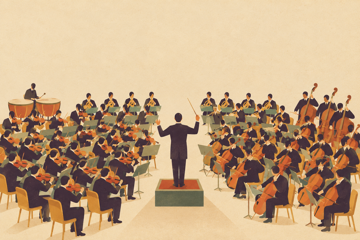 Seen from behind, a lone conductor on a podium leads a full orchestra of many identical musicians — one person coordinating a whole team.