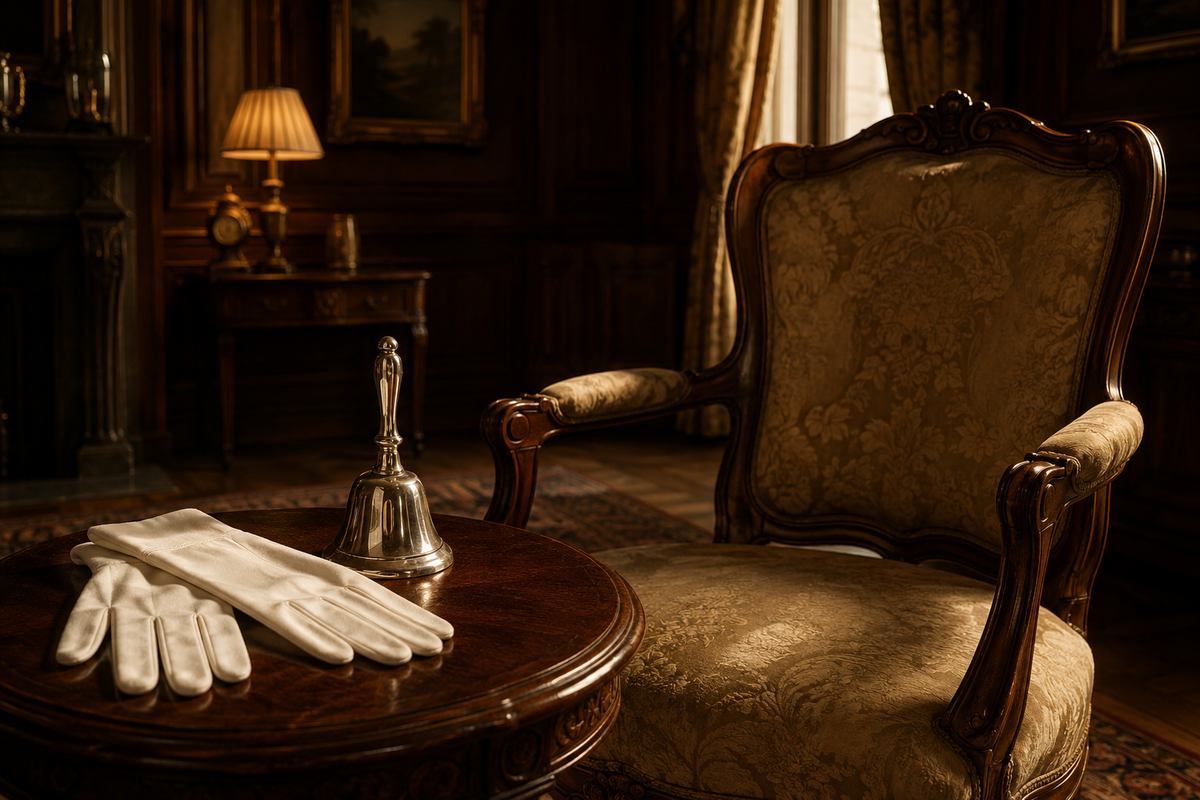 White servant's gloves and a silver hand-bell on a side table beside an empty ornate armchair in a period drawing room.