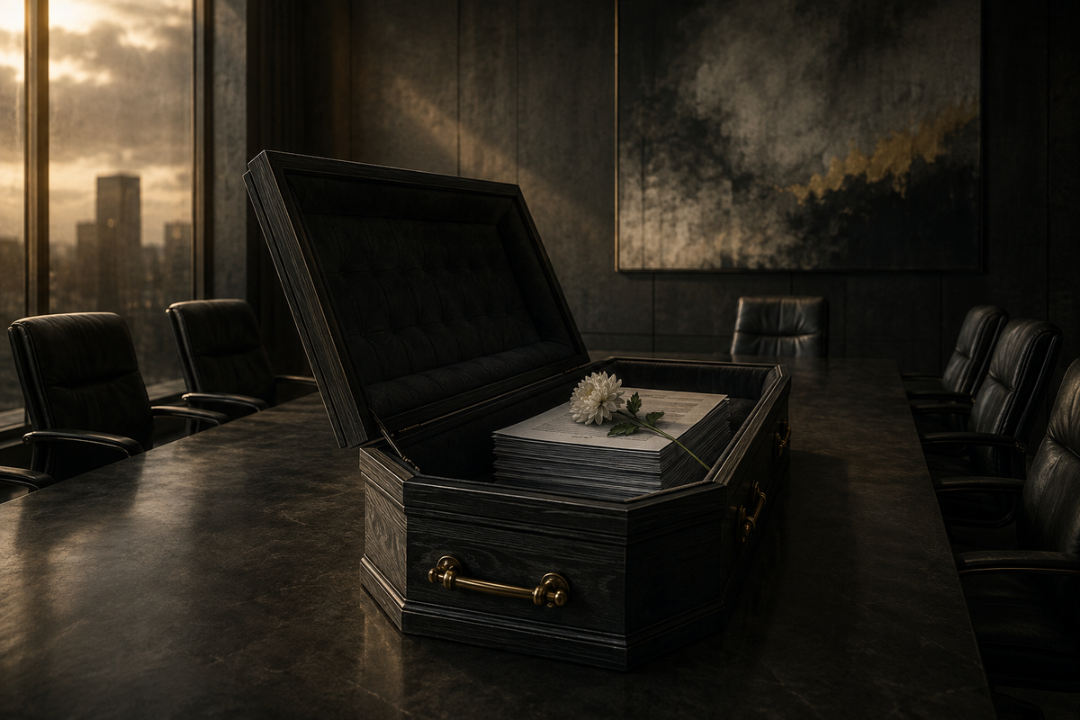 An open coffin on a dark boardroom table holding a neat stack of printed presentation slides instead of a body, a single white flower resting on top, city skyline at dusk through the window.