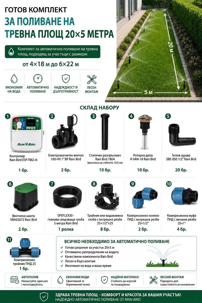 Комплект за поливане на тревна площ 20 × 5 m