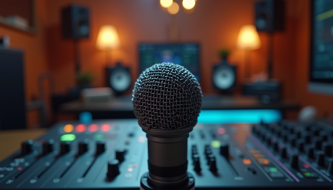 Eye-level view of a high-quality microphone and sound system