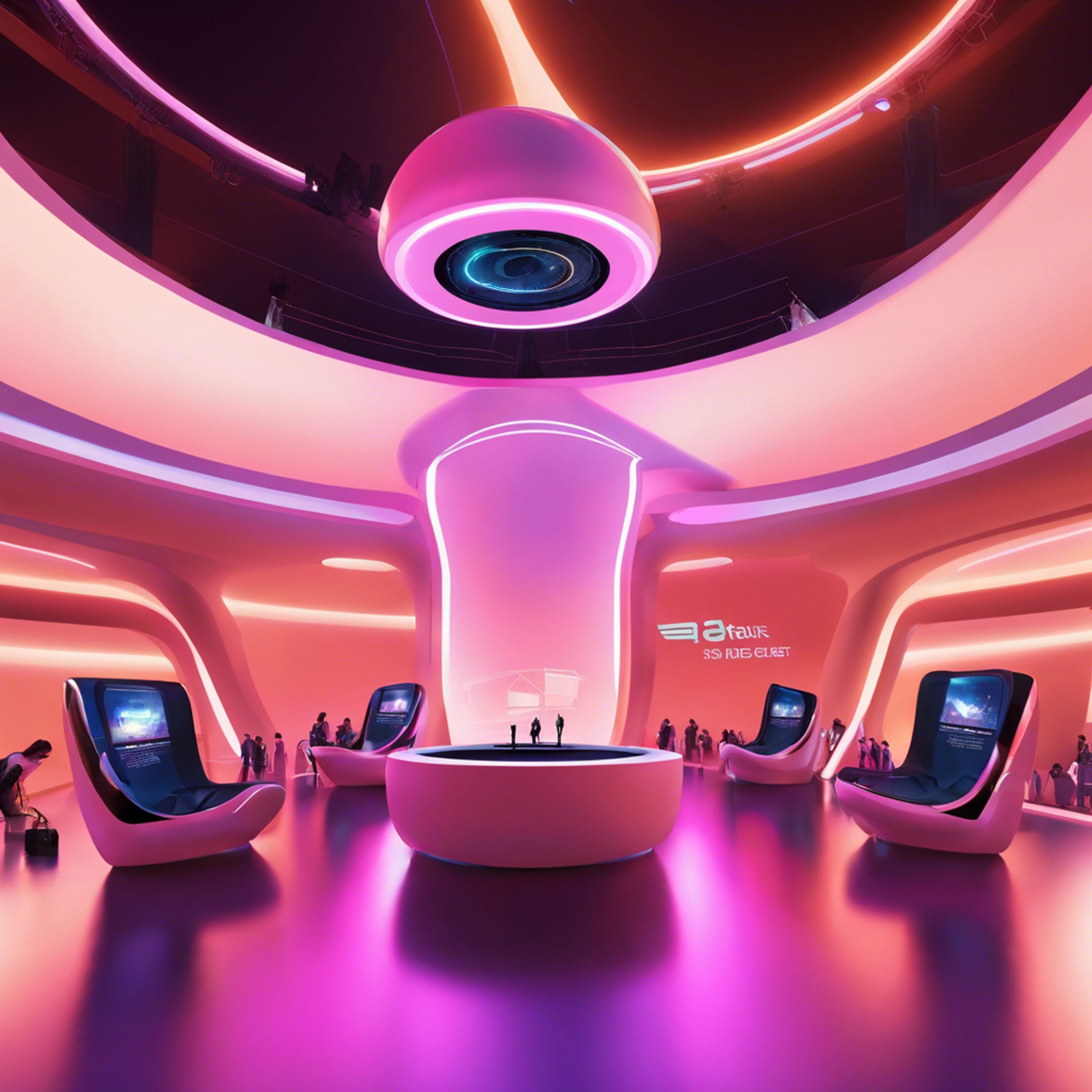 Futuristic event setup with virtual reality, augmented reality, and AI-driven AV technology in a sleek, modern venue