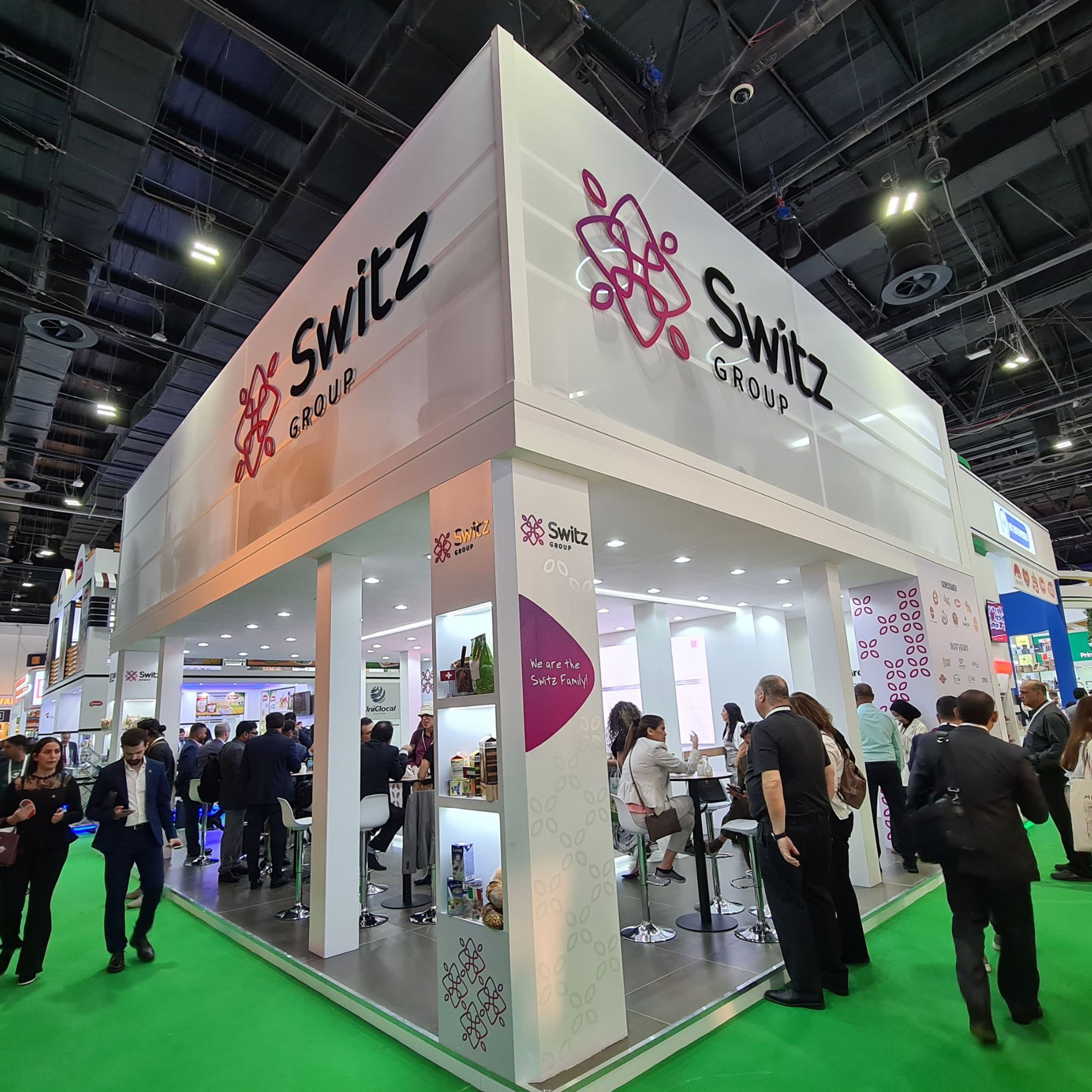 Premium exhibition stand design in Dubai for Swizz Group, combining aesthetics with functionality.