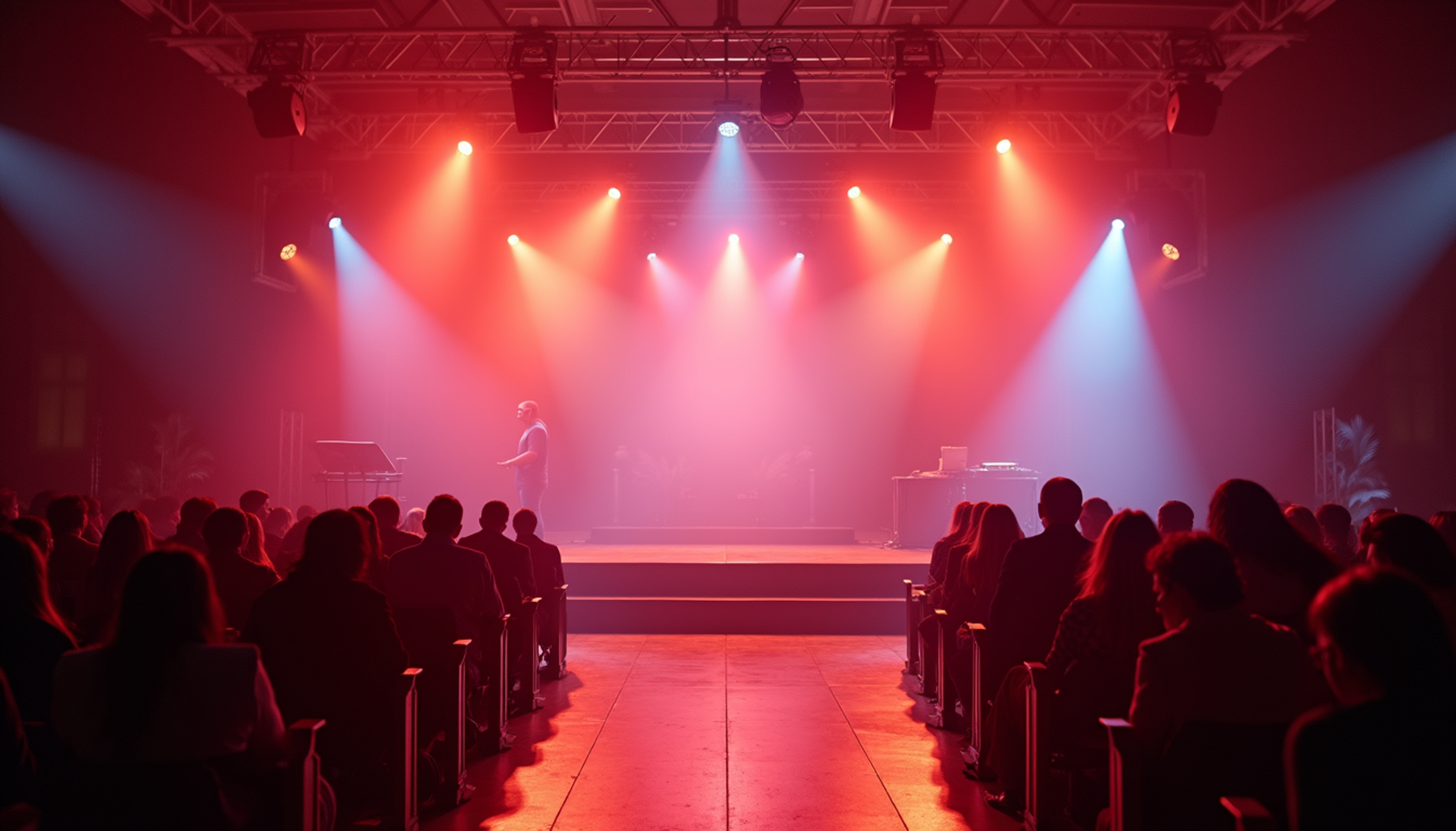 Close-up view of a creatively designed event stage with dynamic lighting