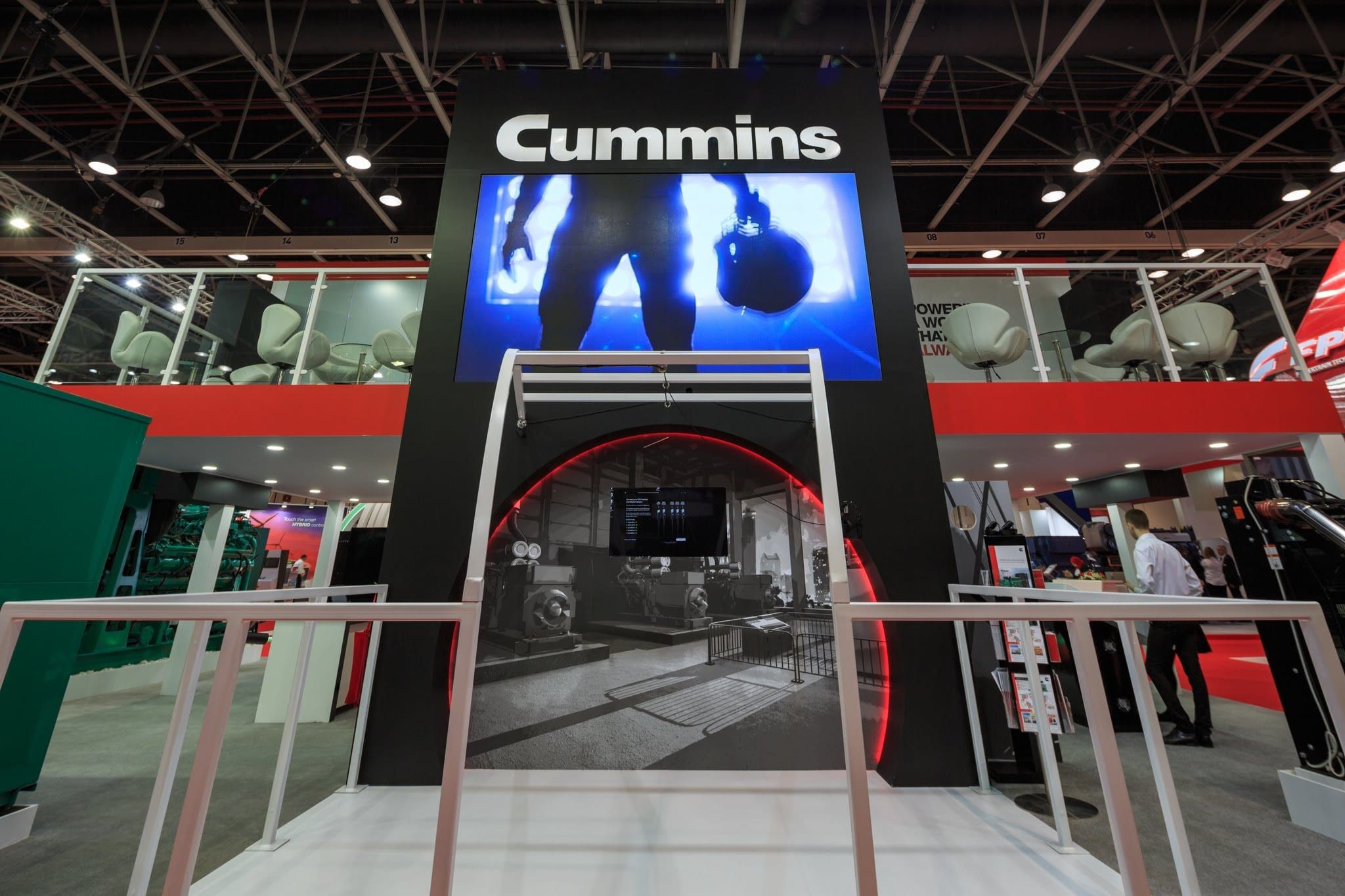 Cummins stand with an LED screen above the entrance arch