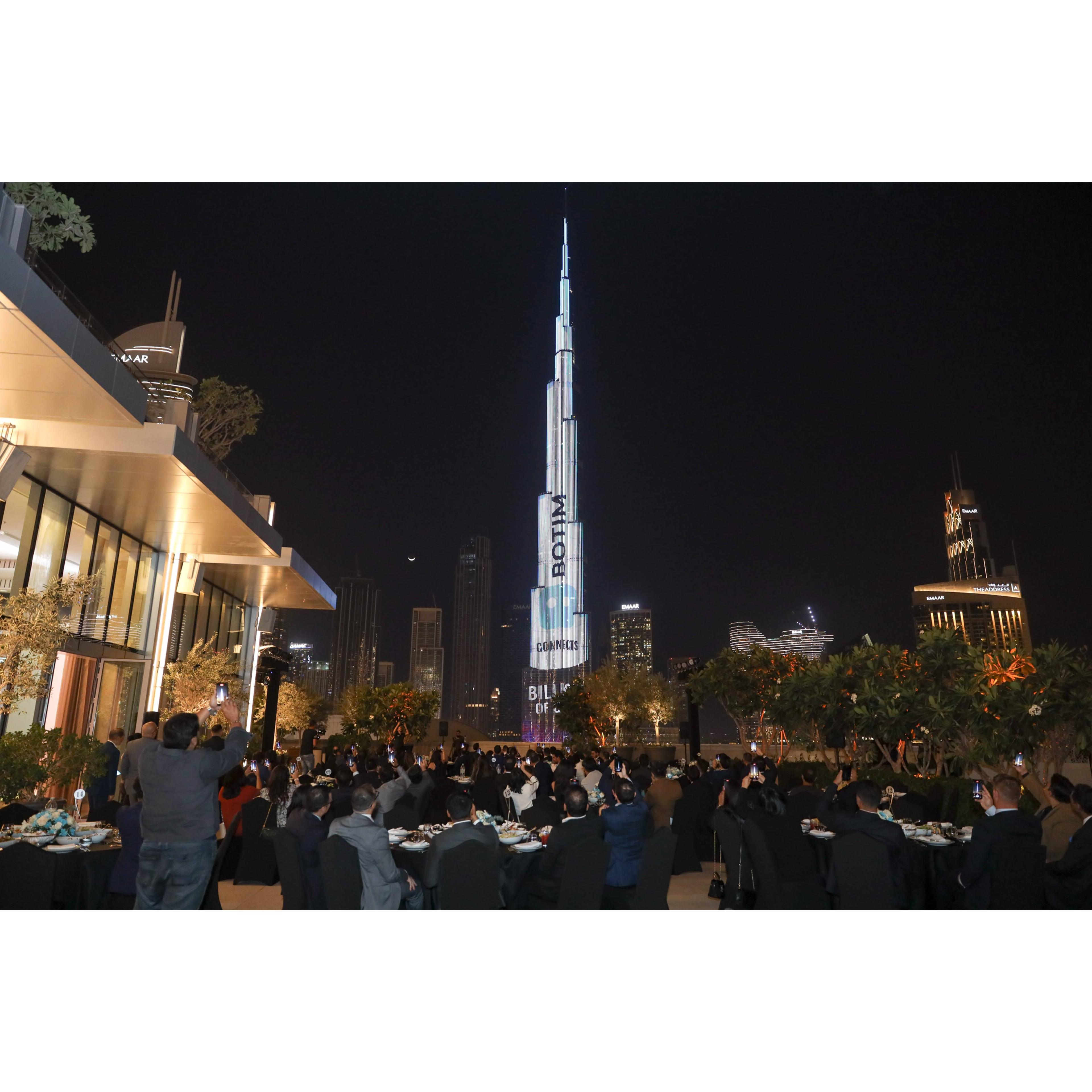 Evening event in Downtown Dubai with the Burj Khalifa lit up behind