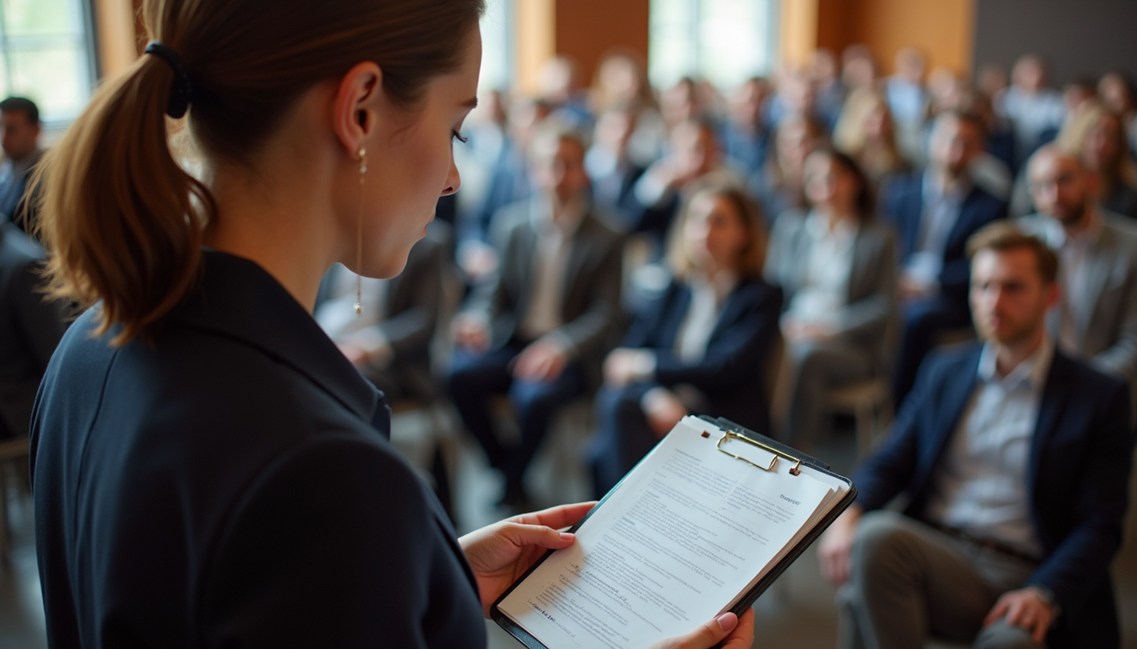 High angle view of an event coordinator managing a conference setup