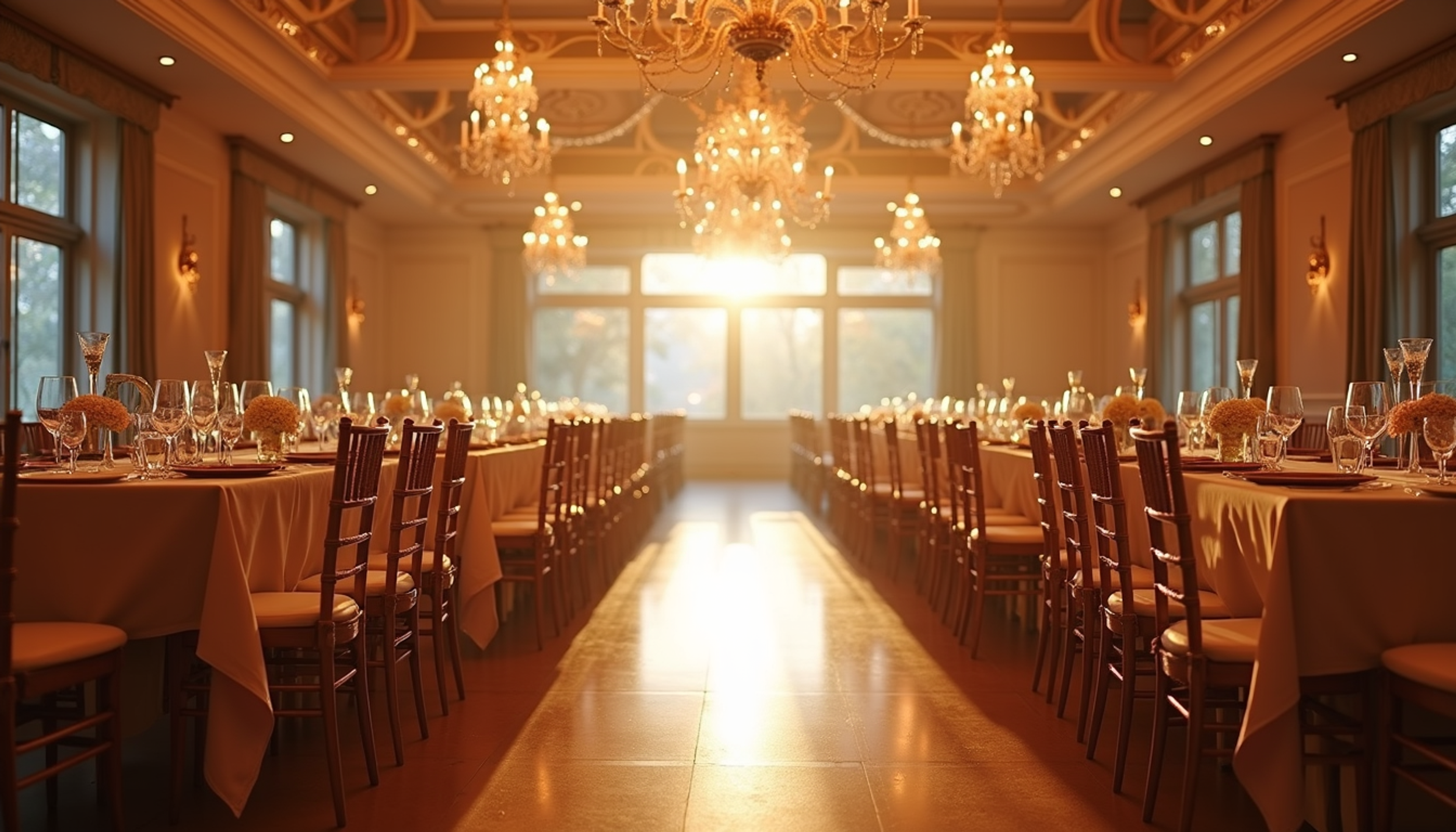 Eye-level view of a decorated event venue with tables and chairs arranged neatly