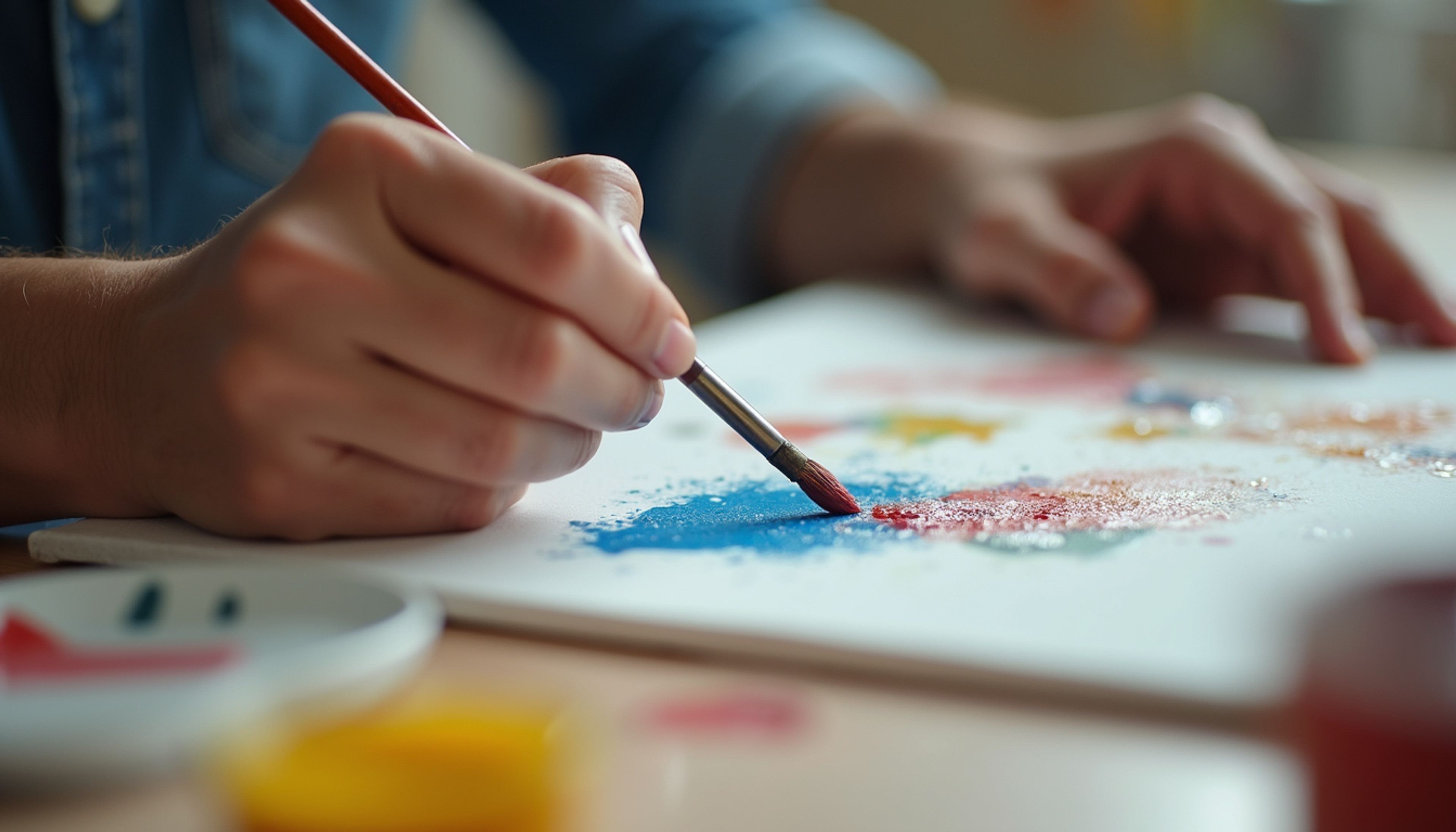Close-up view of hands painting on a canvas during a creative workshop