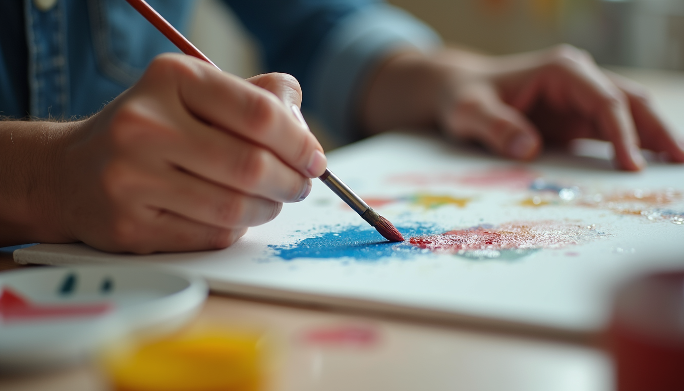 Close-up view of hands painting on a canvas during a creative workshop