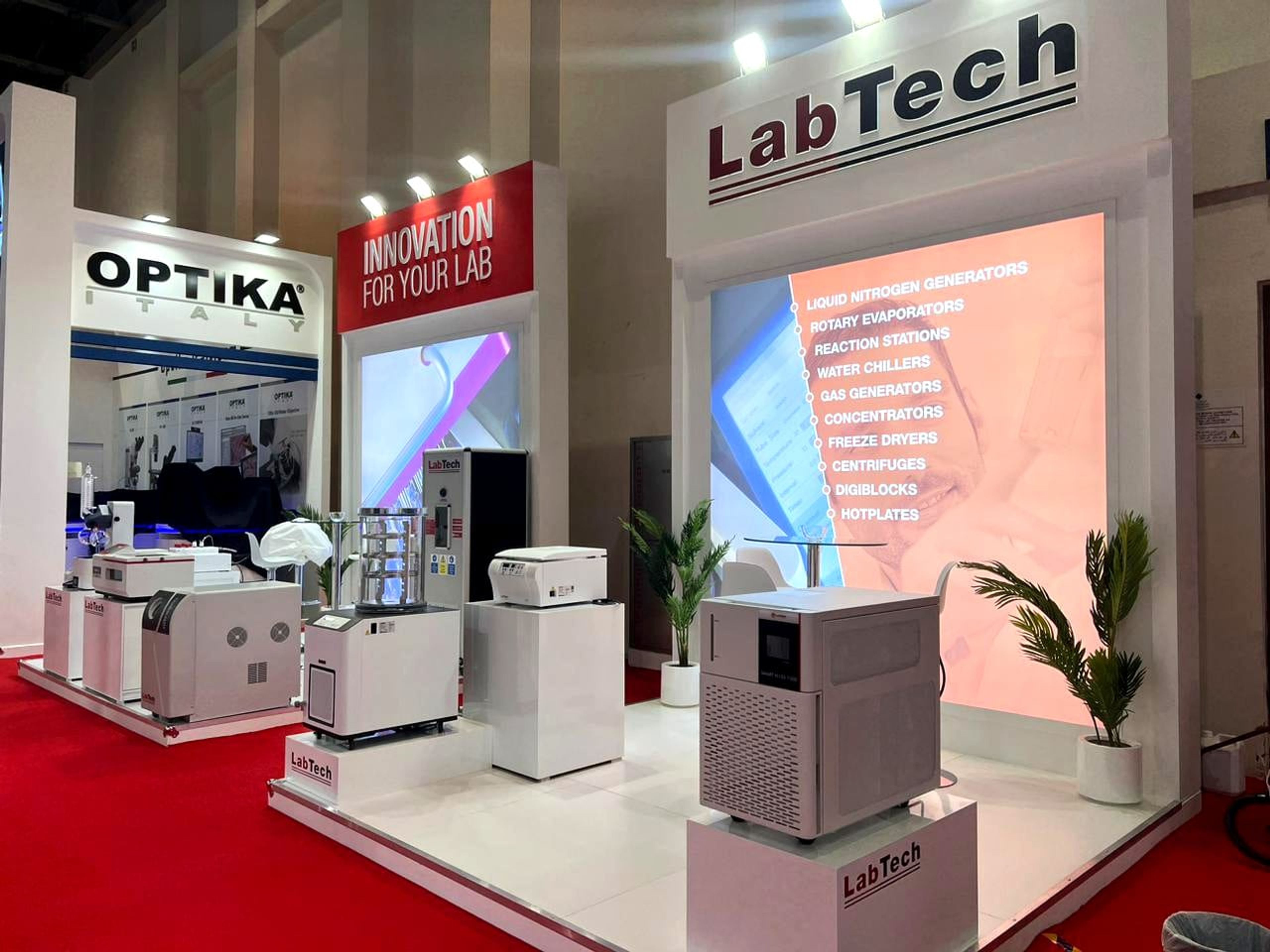 LabTech exhibition stand with LED wall and lab equipment displays at Arab Lab, Dubai