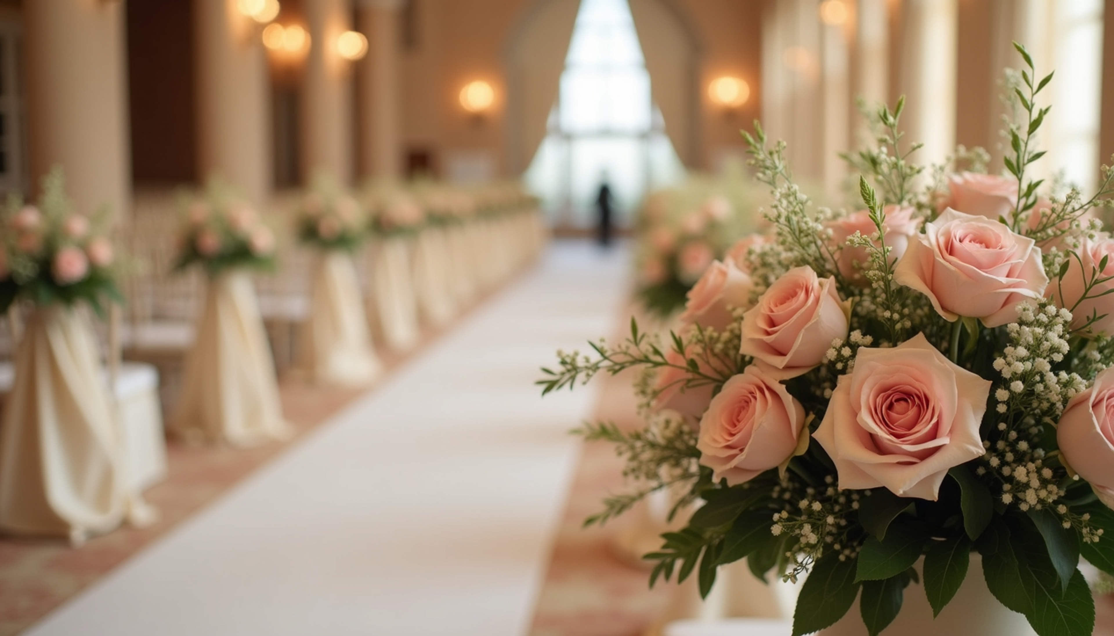 Close-up view of elegant floral arrangements at a Dubai wedding venue