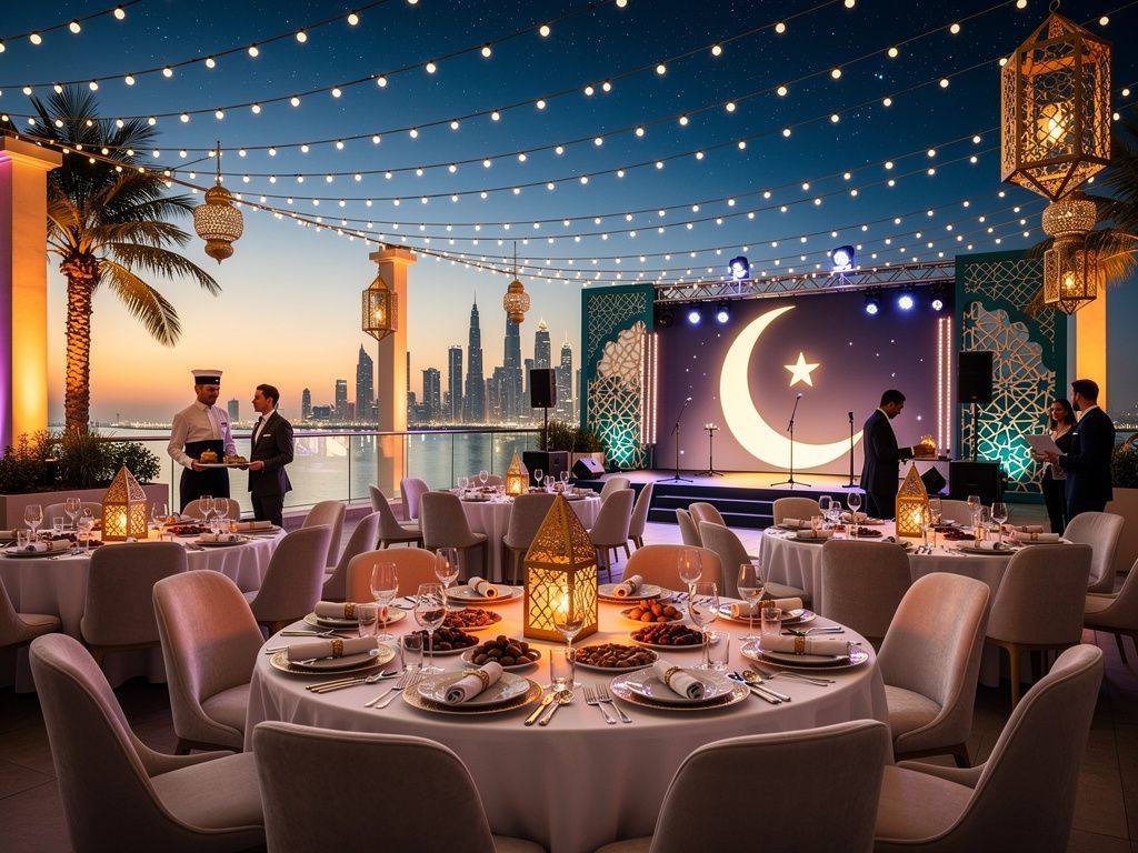 Ramadan iftar dinner with a crescent-moon screen and Dubai skyline backdrop