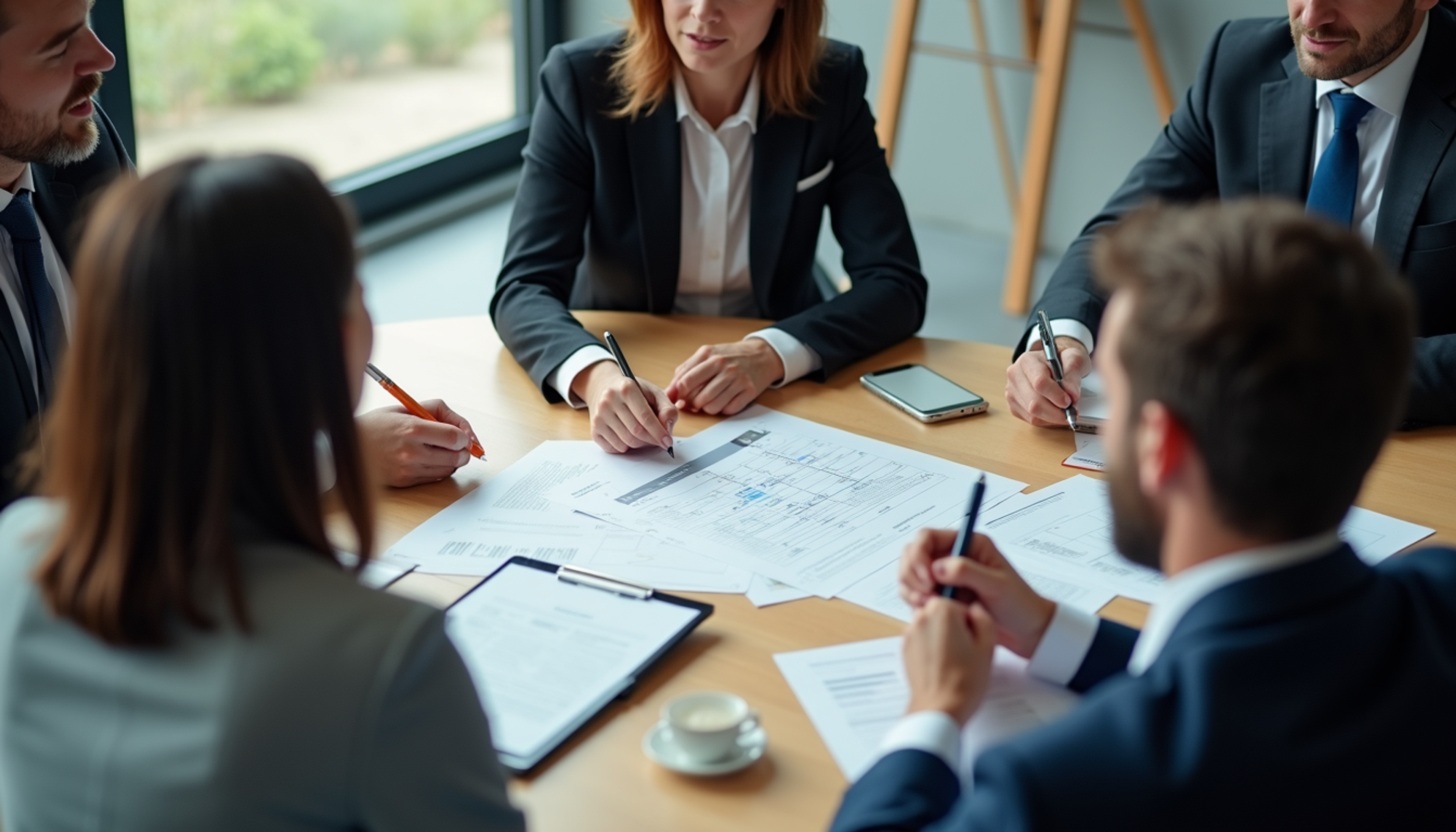 High angle view of a business meeting discussing event budgets