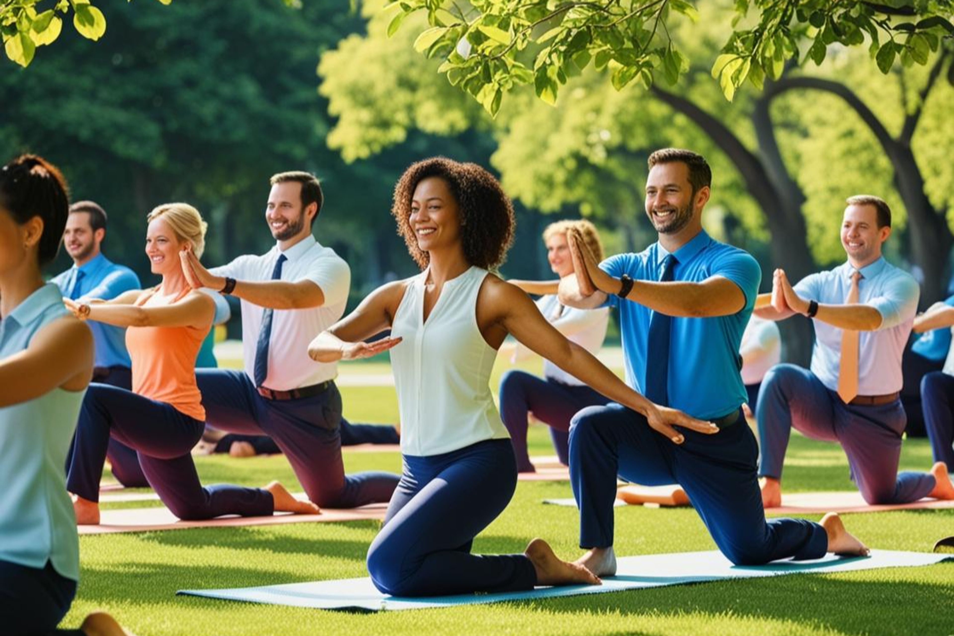 Employees doing an outdoor yoga and stretching session