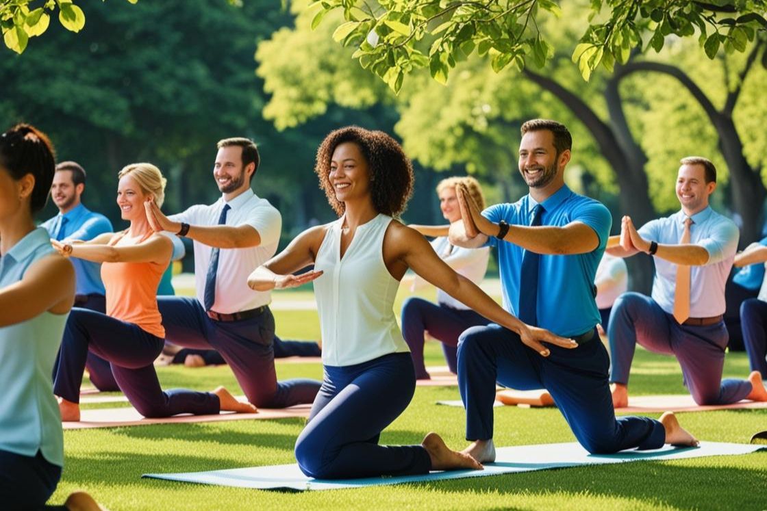 Employees doing an outdoor yoga and stretching session