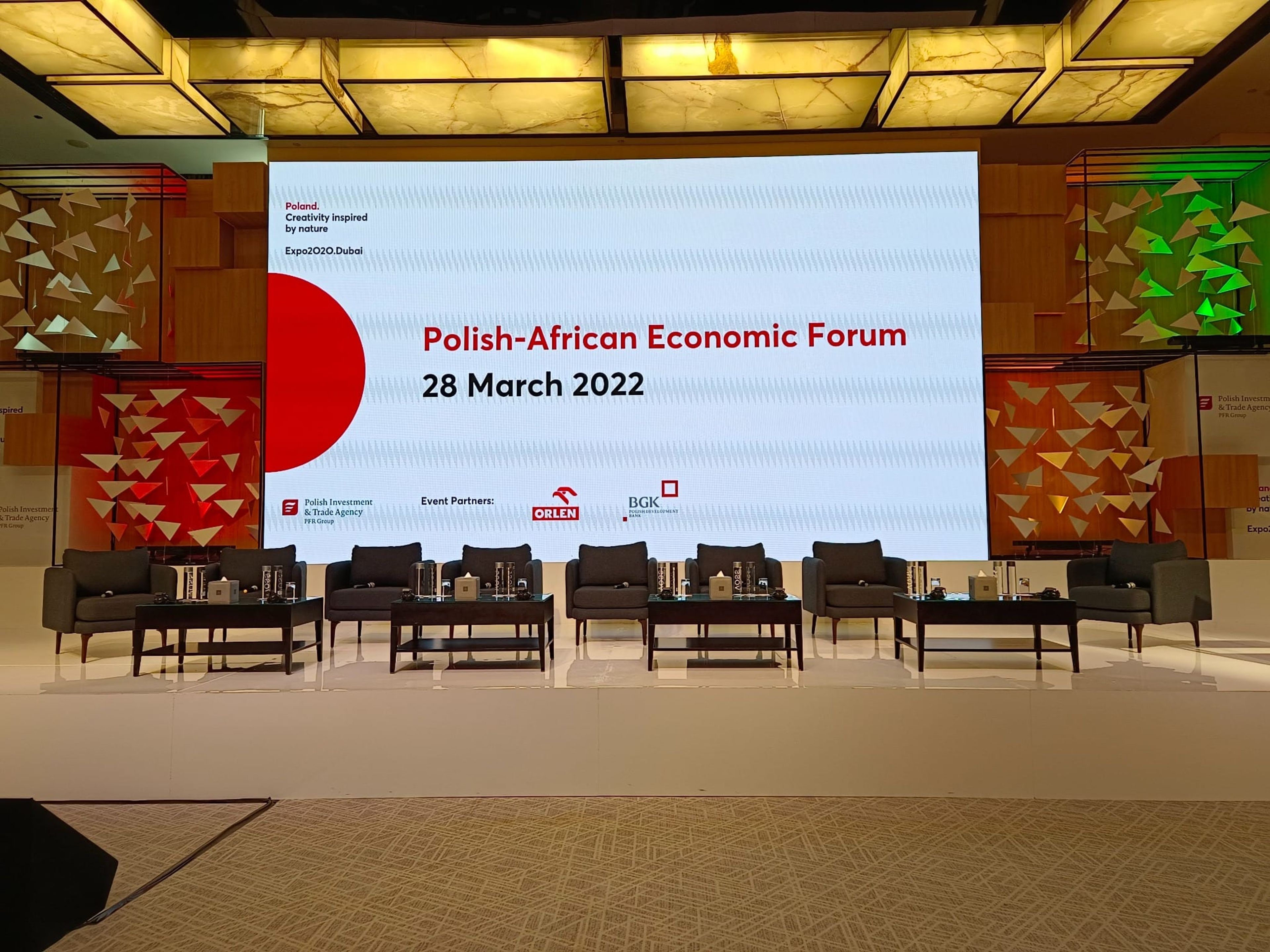 Polish-African Economic Forum stage with LED screen and panel seating on 28 March 2022 at Expo 2020 Dubai