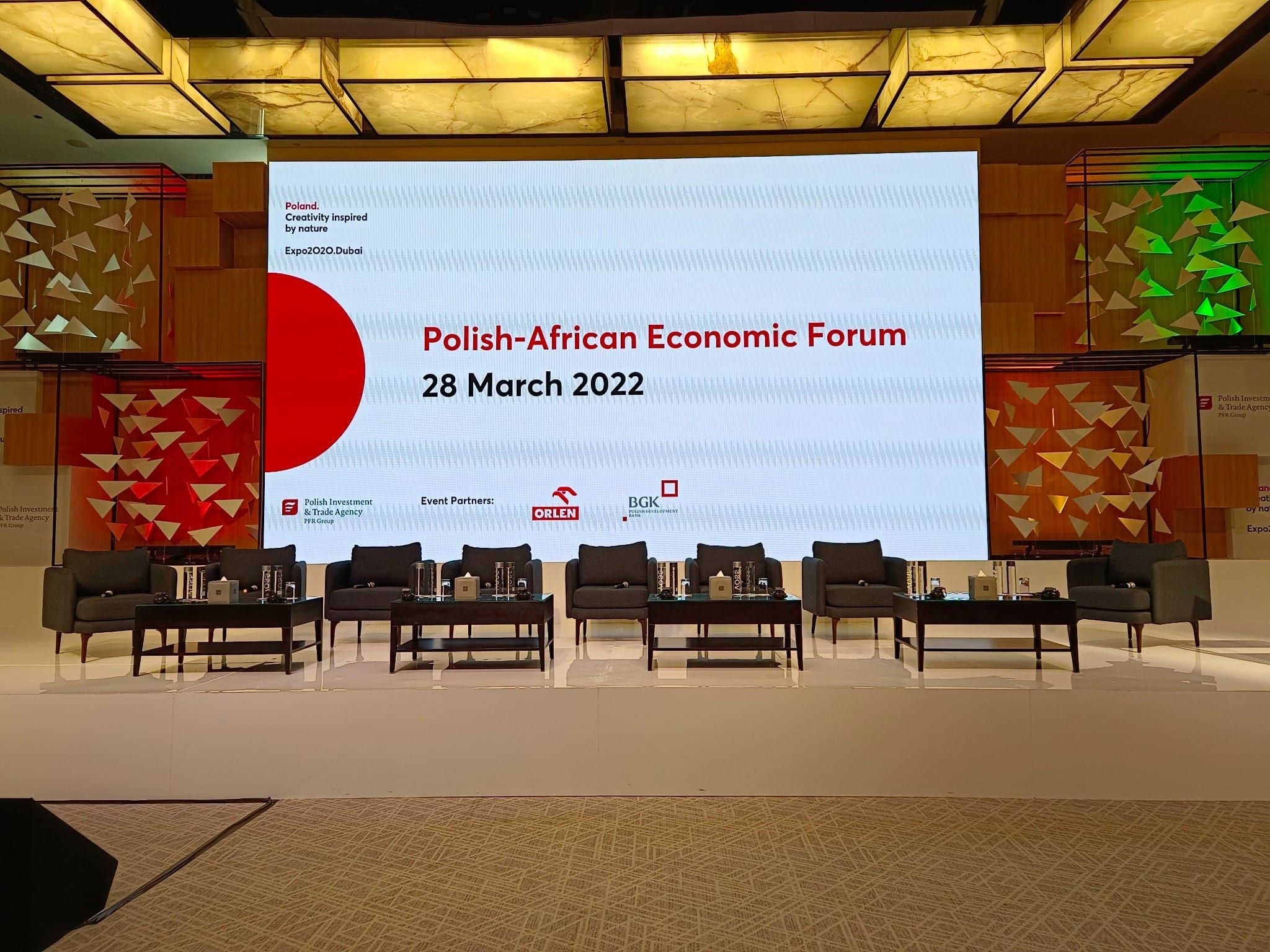 Polish-African Economic Forum stage with LED screen and panel seating on 28 March 2022 at Expo 2020 Dubai