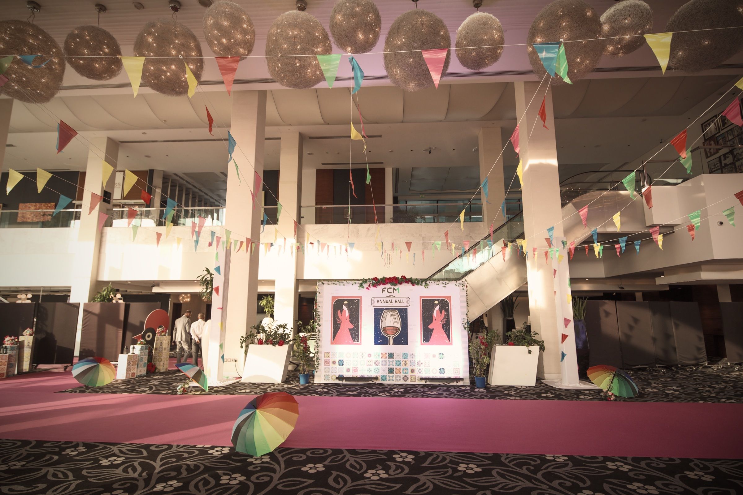 Venue entrance decorated with bunting for a community event