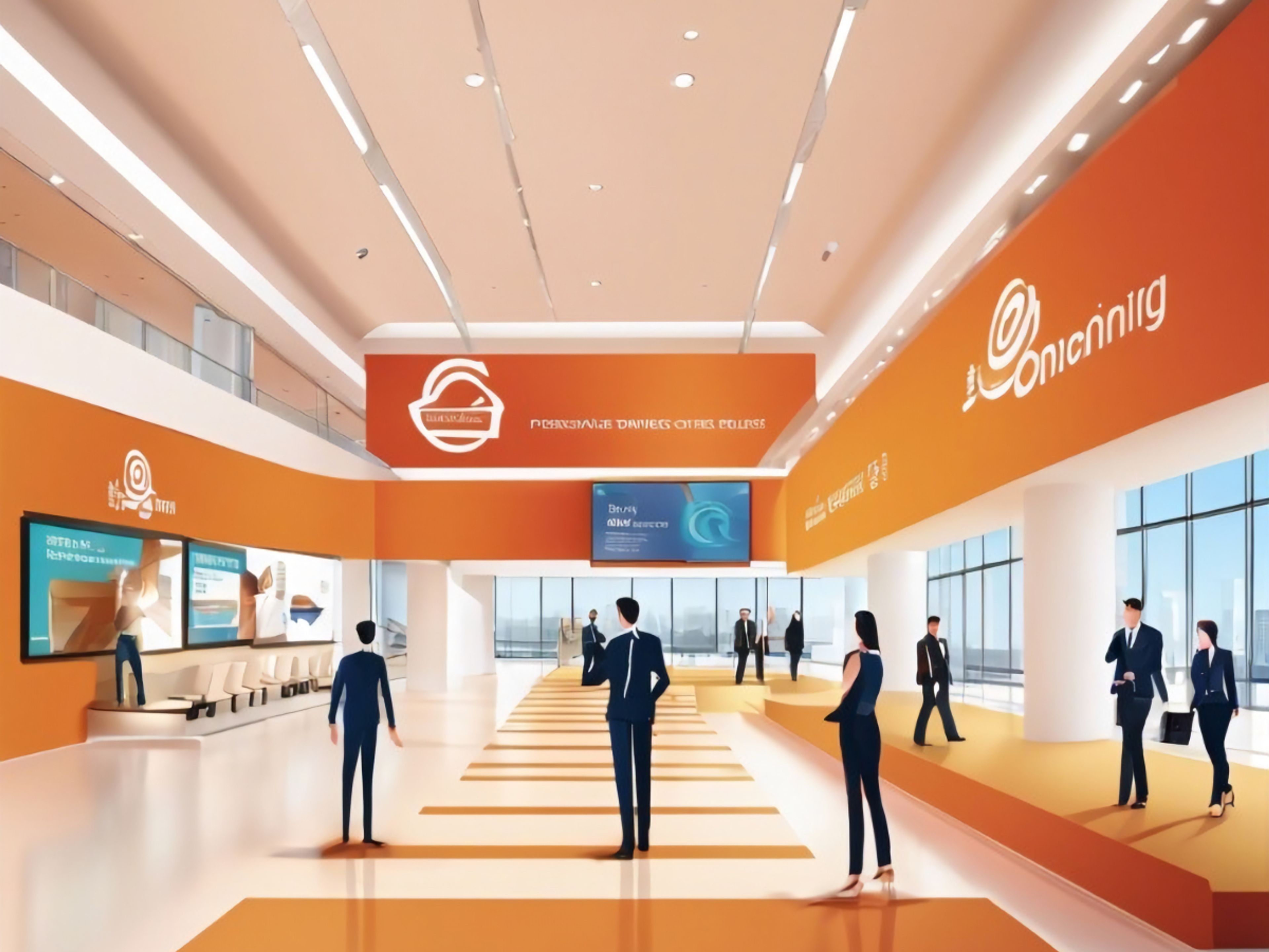 Modern corporate event venue with clear directional signage, informational boards, and branded logos guiding attendees