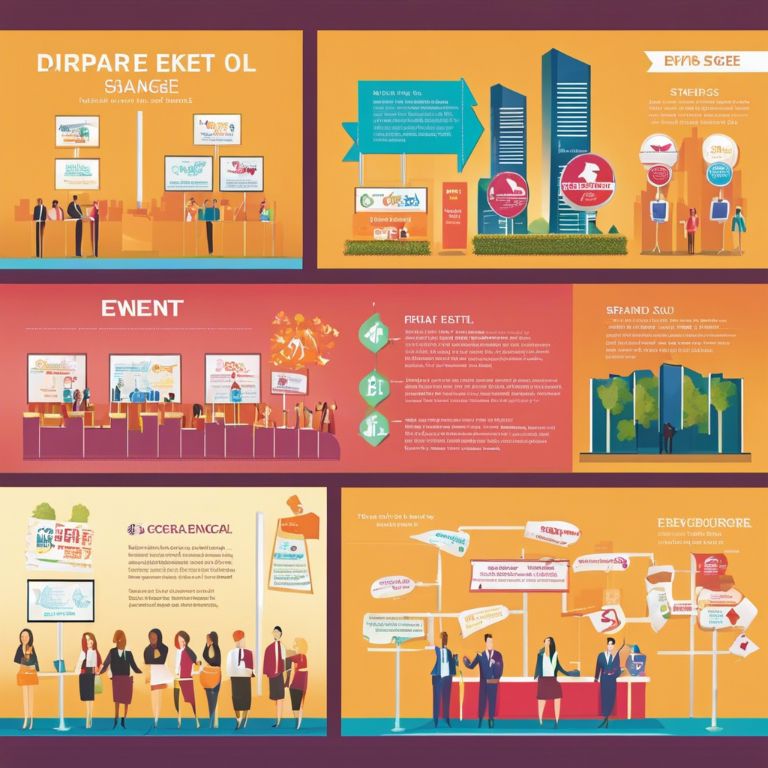 arious types of signage in a corporate event, including directional signs, informational boards with schedules, and branded logos in a conference hall