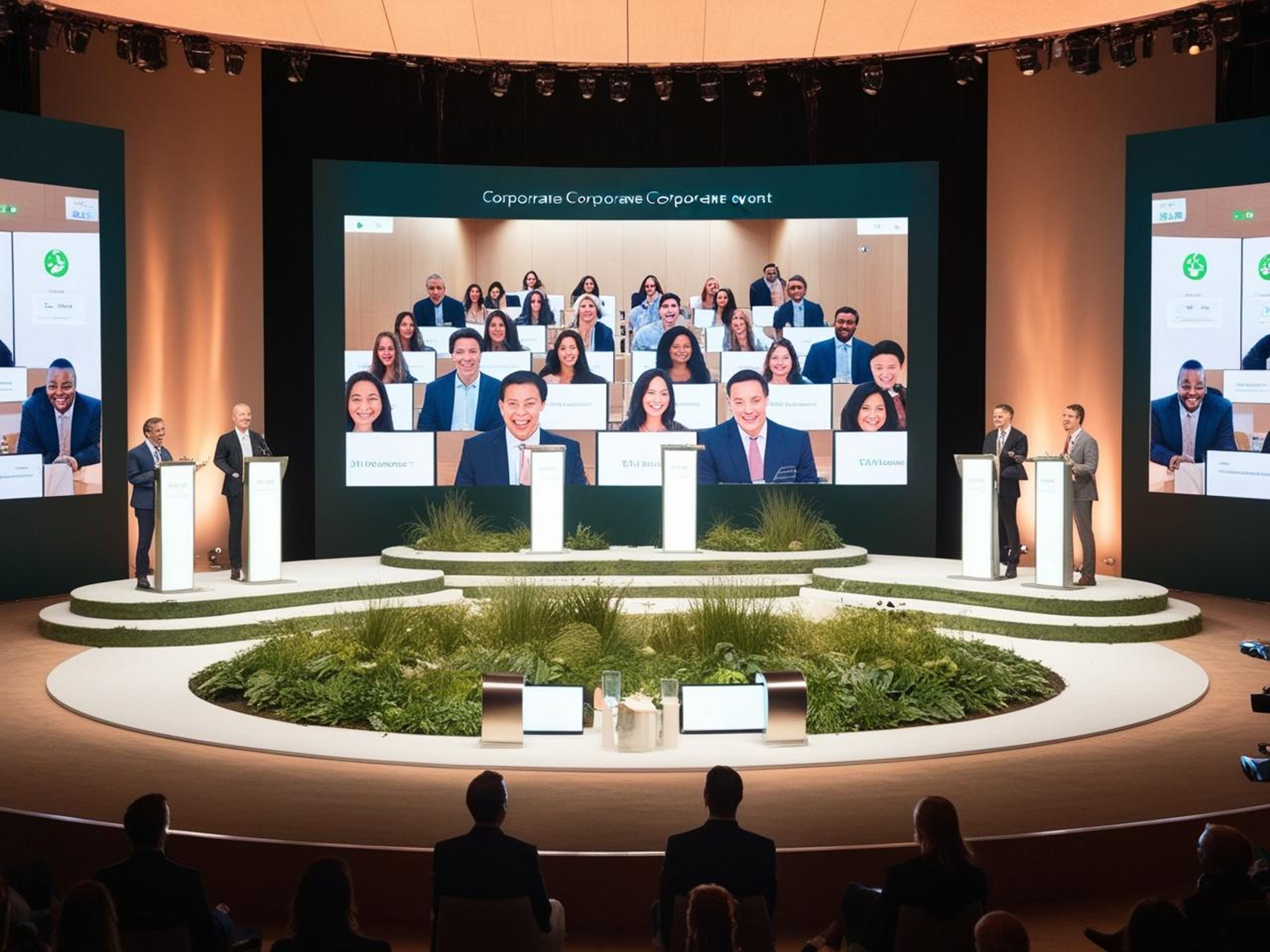 Hybrid corporate event with a combination of physical attendees and virtual participants, showcasing reduced environmental impact through sustainable practices