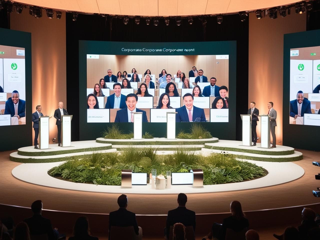 Hybrid corporate event with a combination of physical attendees and virtual participants, showcasing reduced environmental impact through sustainable practices