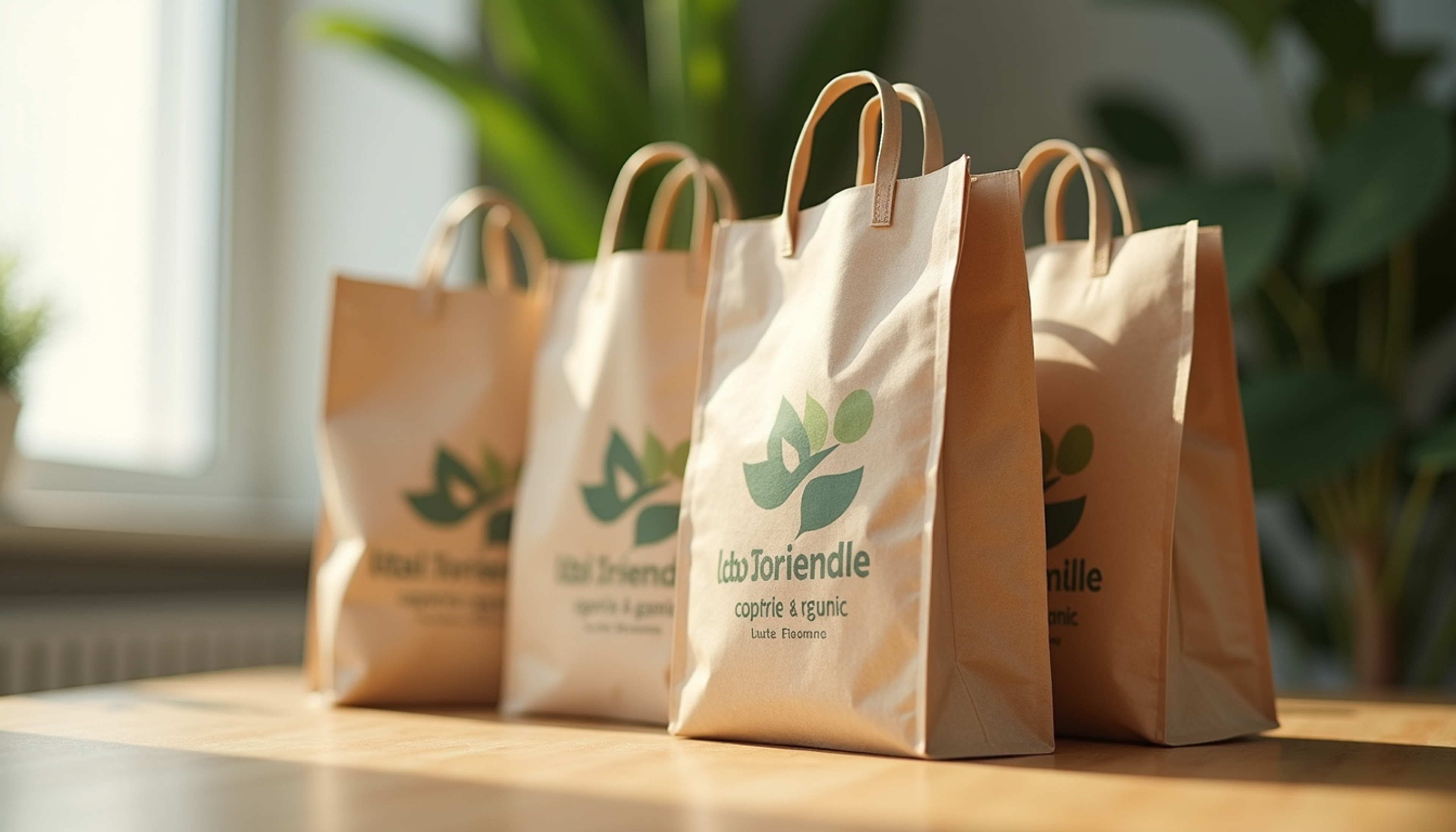 Close-up view of eco-friendly reusable bags with company logo