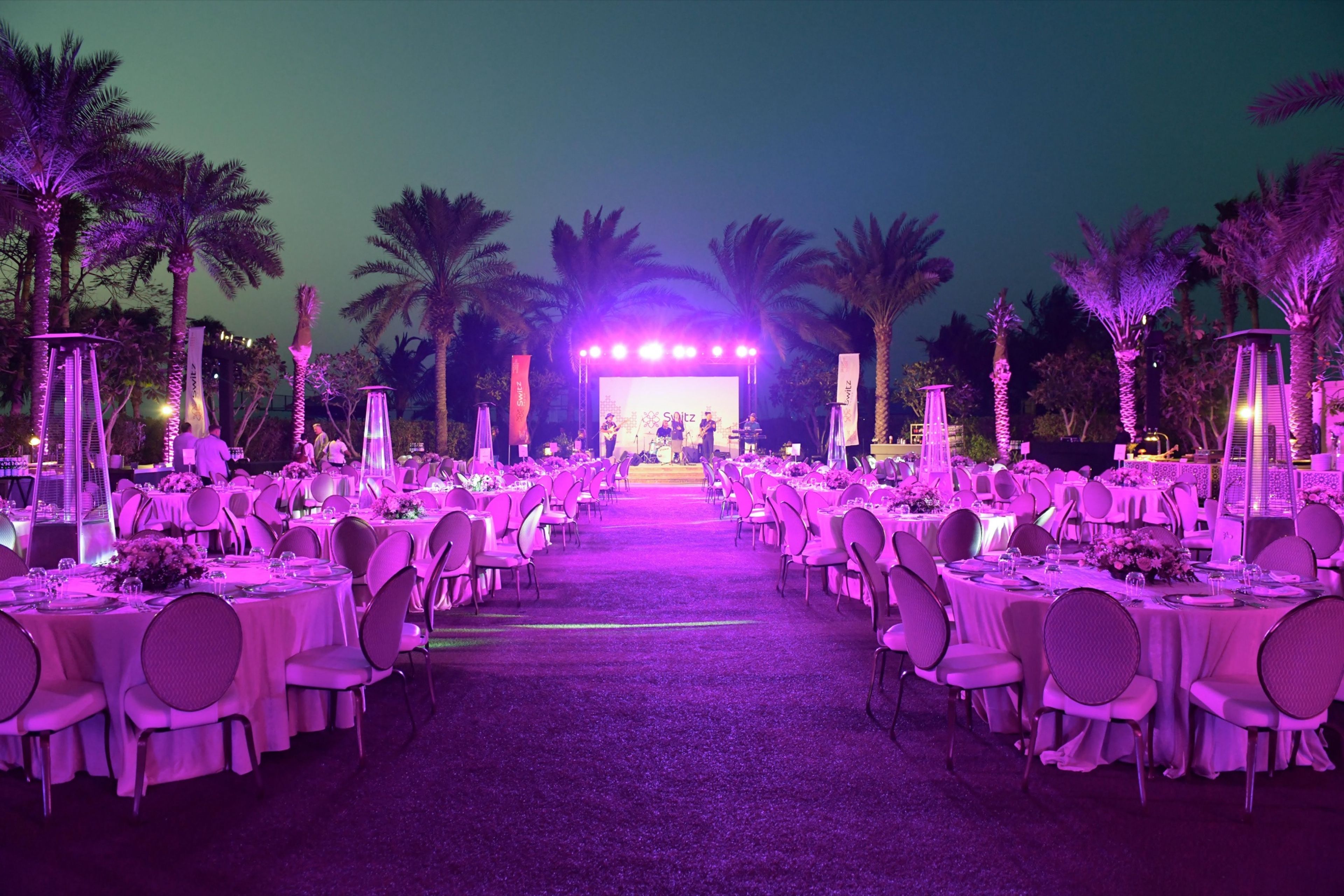 Outdoor gala dinner with purple lighting and palm trees at night