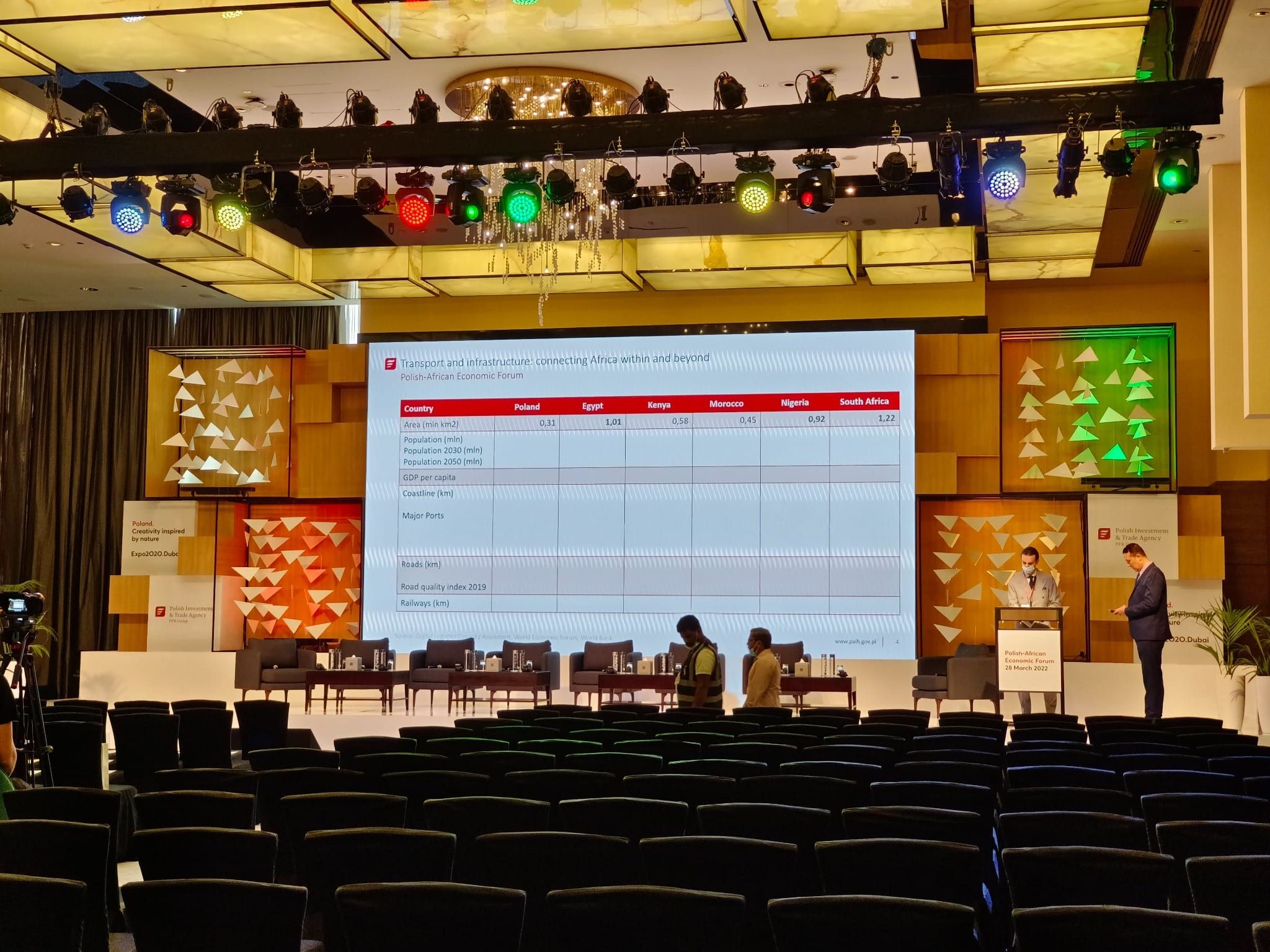 Stage lighting rig and LED screen showing the forum agenda before the sessions