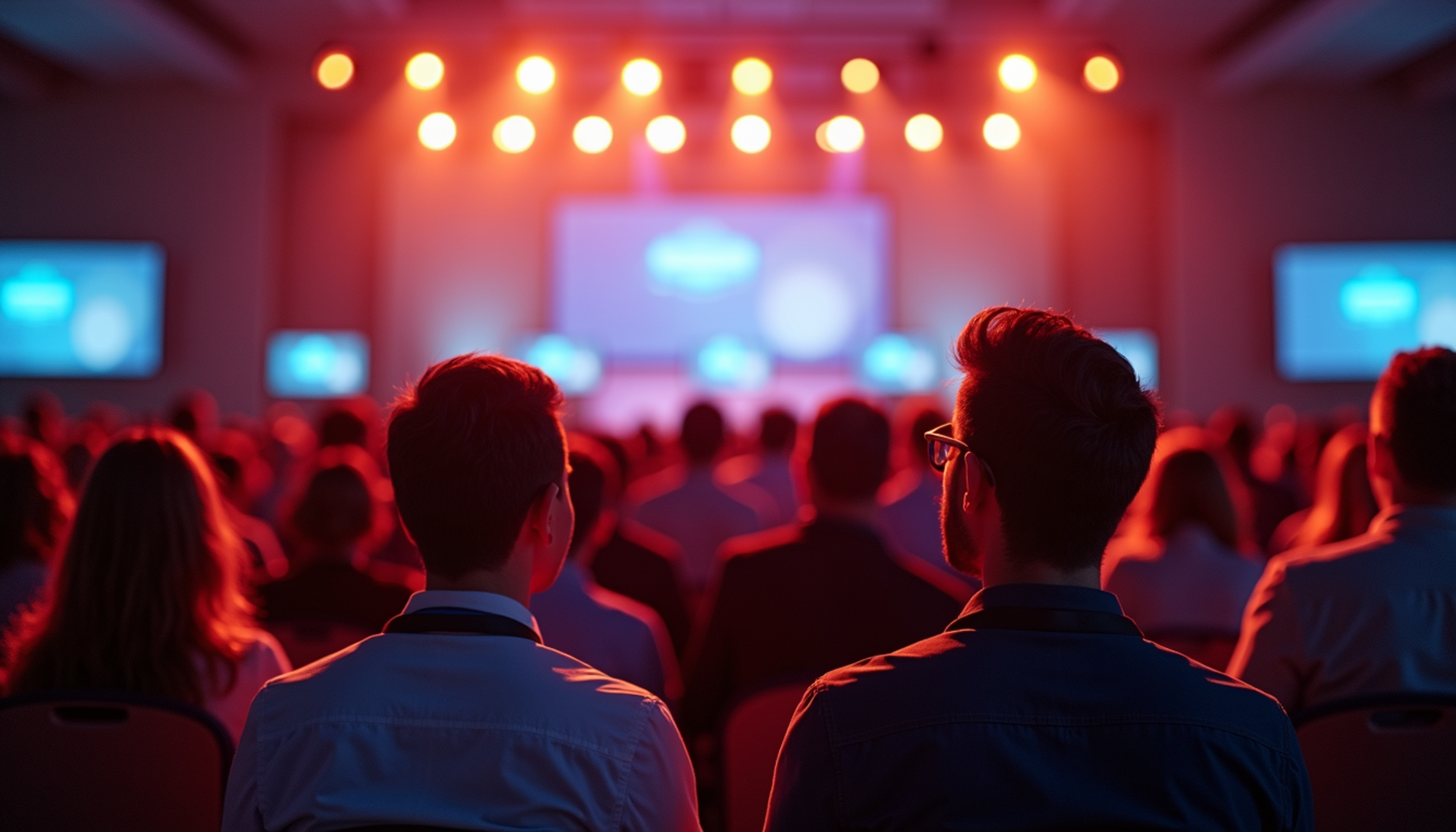 Audience silhouettes facing a brightly lit conference stage