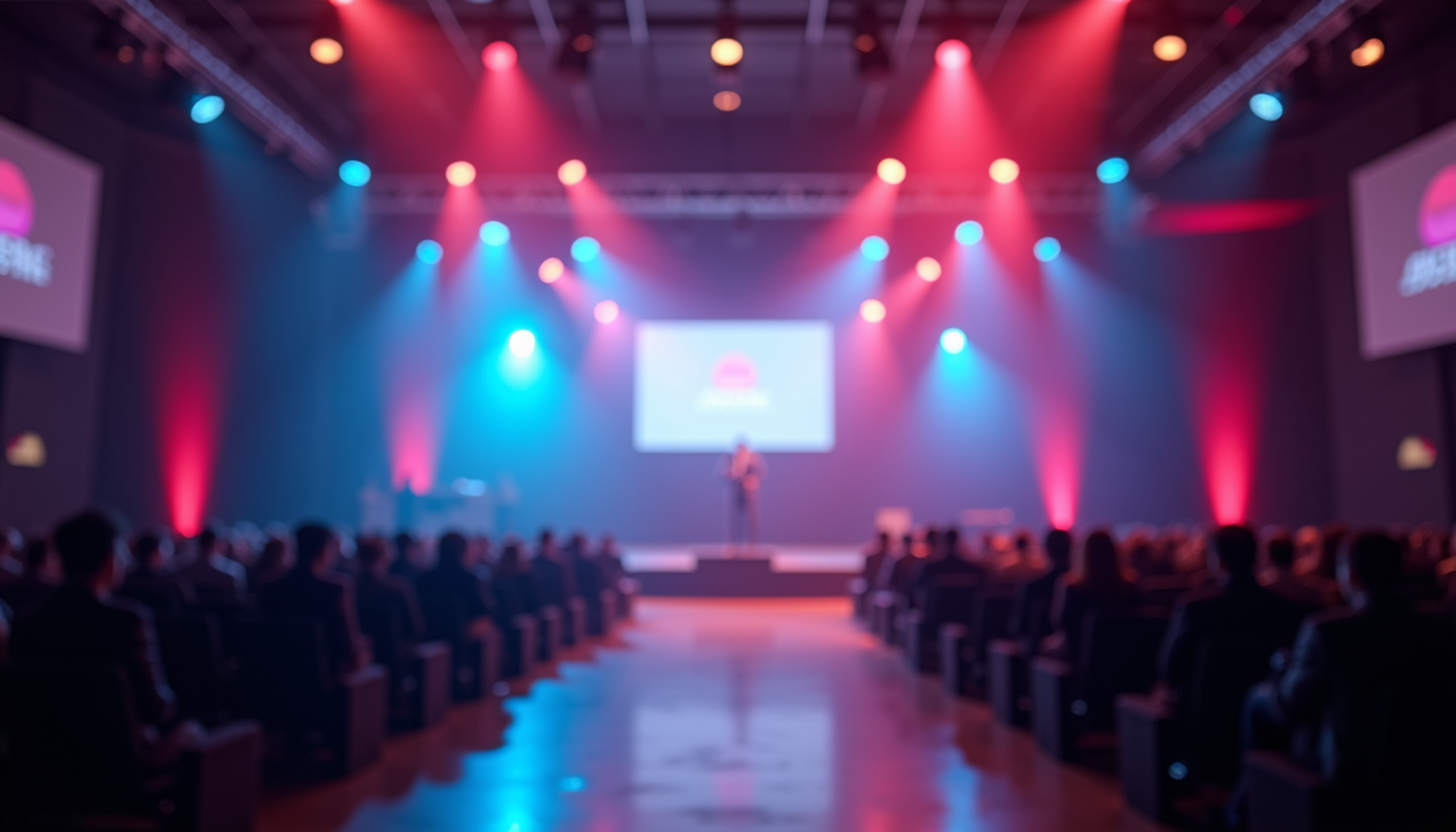 Close-up view of a conference stage with colorful lighting and modern decor