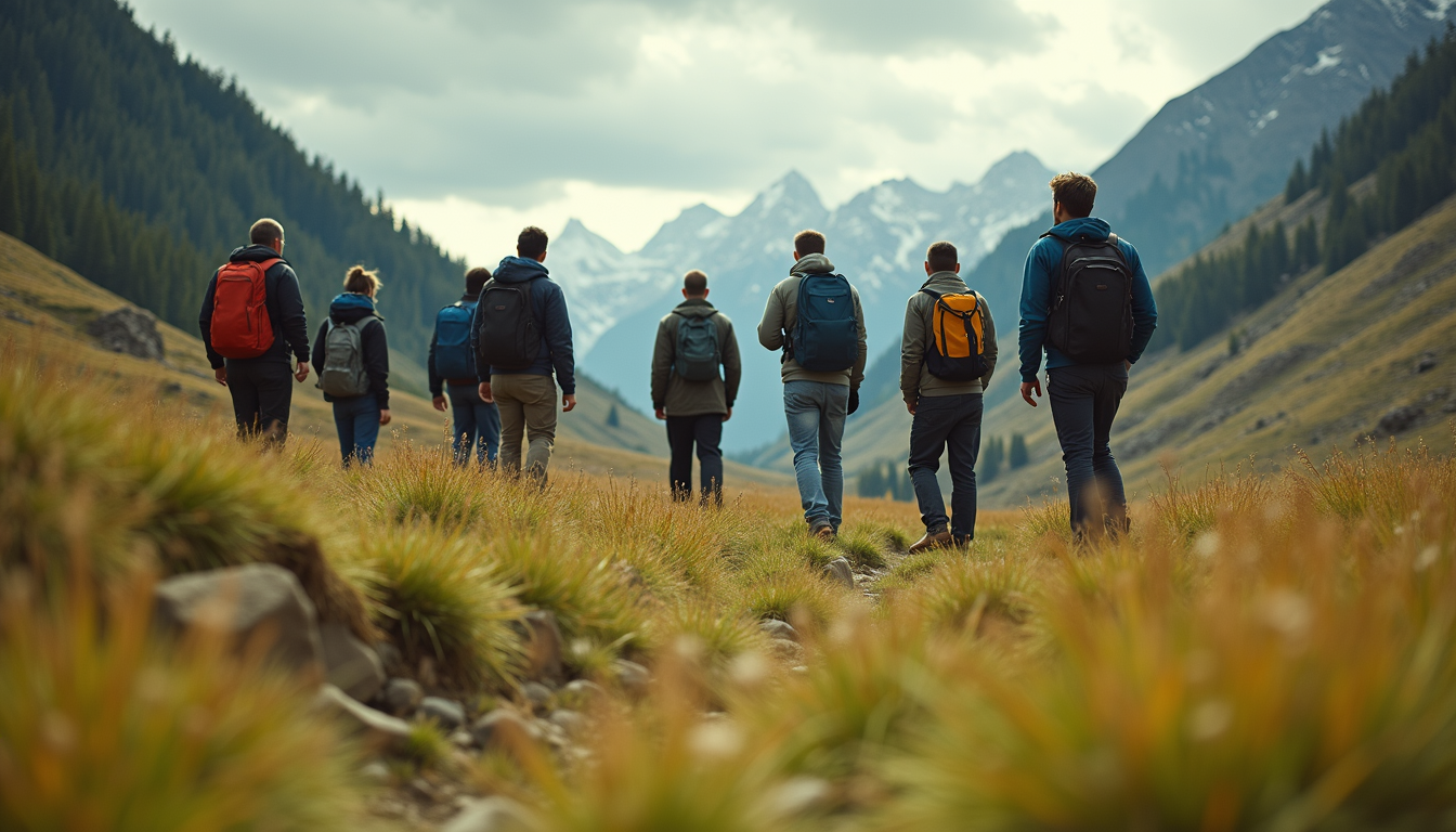 Wide angle view of a team engaging in an outdoor activity