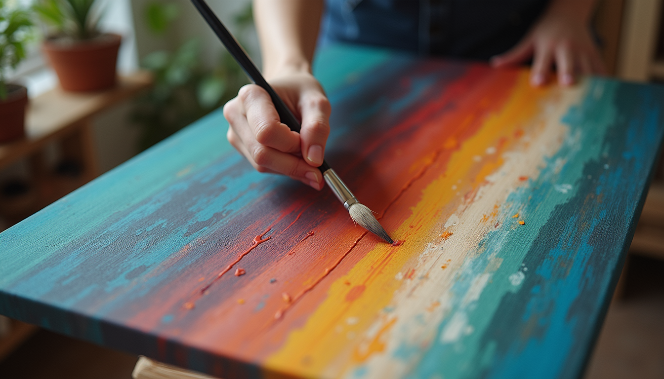 Eye-level view of a person painting a canvas with vivid colors