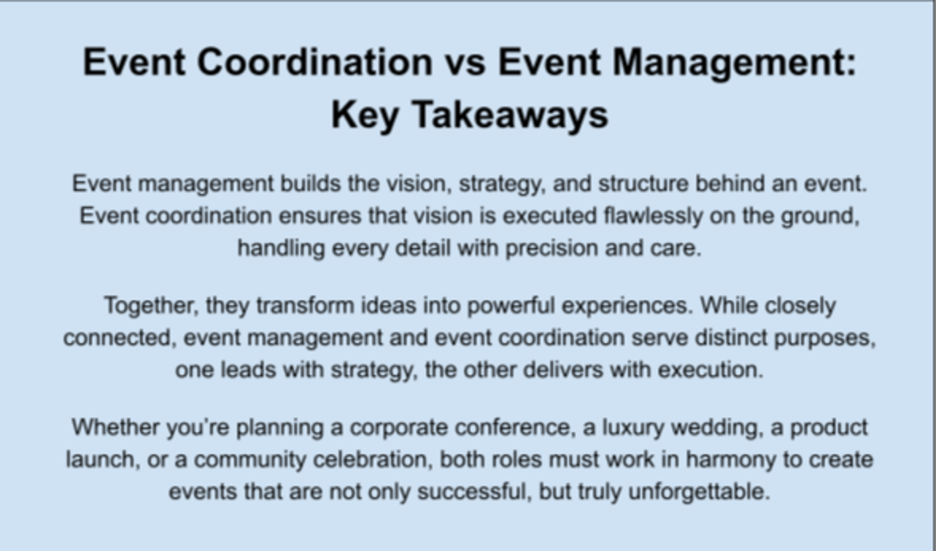 Infographic summarising the key differences between event coordination and event management