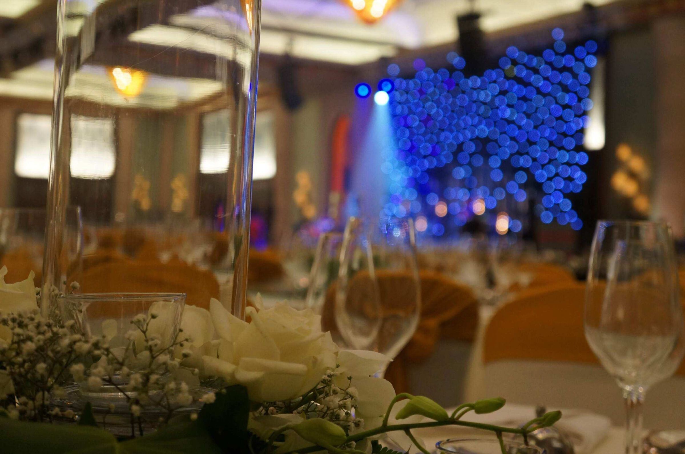 Dinner table with glassware and a blue-lit décor wall behind