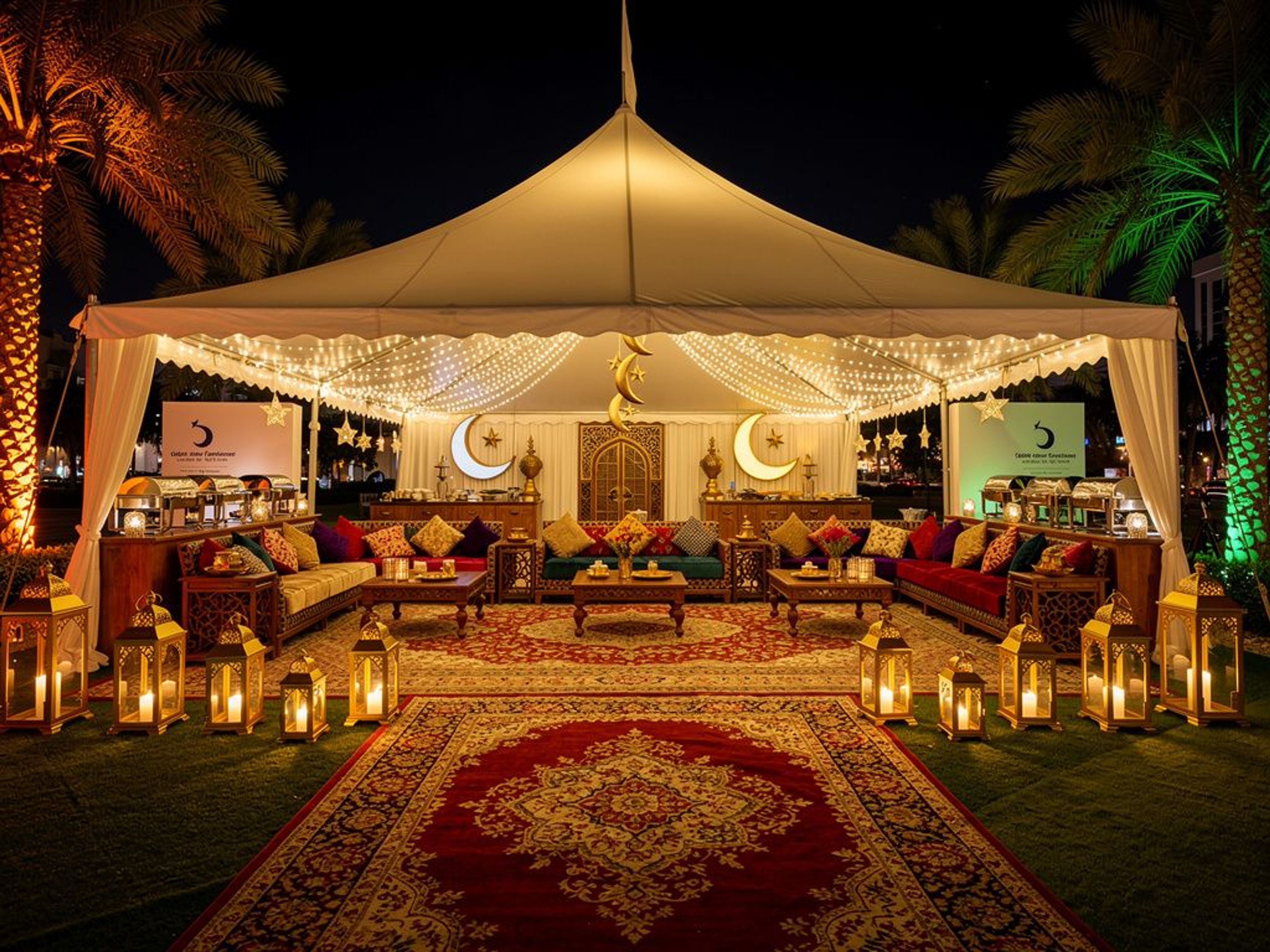 Illuminated Ramadan tent with lanterns, carpets and majlis seating